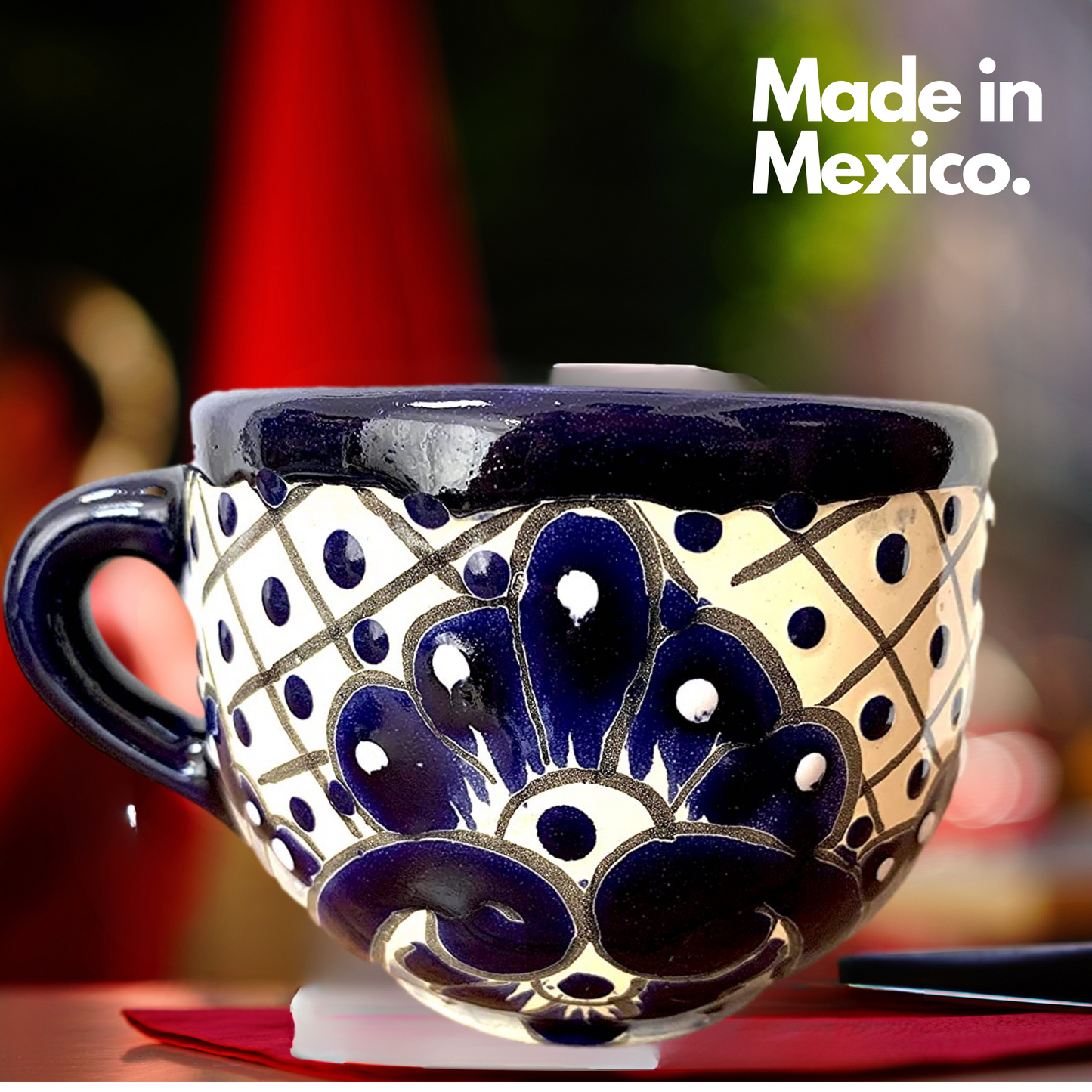 made in mexico Hand Painted Wide Mouth Mug in Blue and White - Authentic Mexican Pottery by Casa Fiesta Designs.