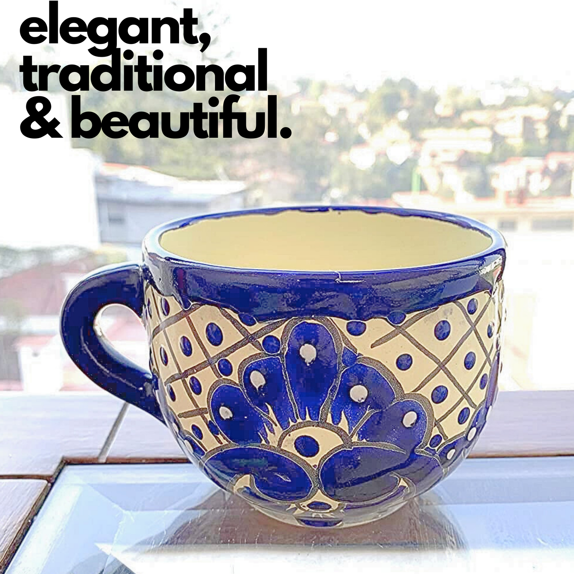 lifestyle photo of Hand Painted Wide Mouth Mug in Blue and White - Authentic Mexican Pottery by Casa Fiesta Designs.