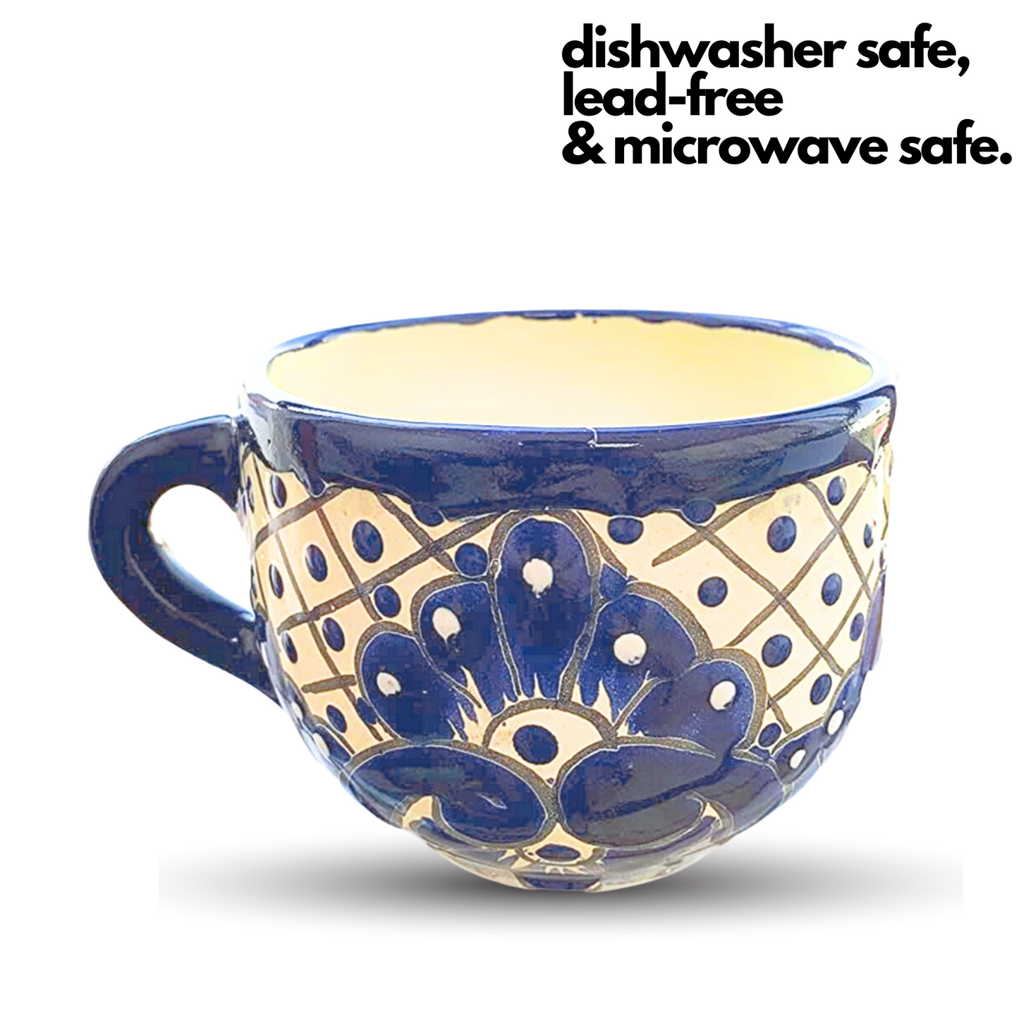 dishwasher safe lead-free microwave safe Hand Painted Wide Mouth Mug in Blue and White - Authentic Mexican Pottery by Casa Fiesta Designs.