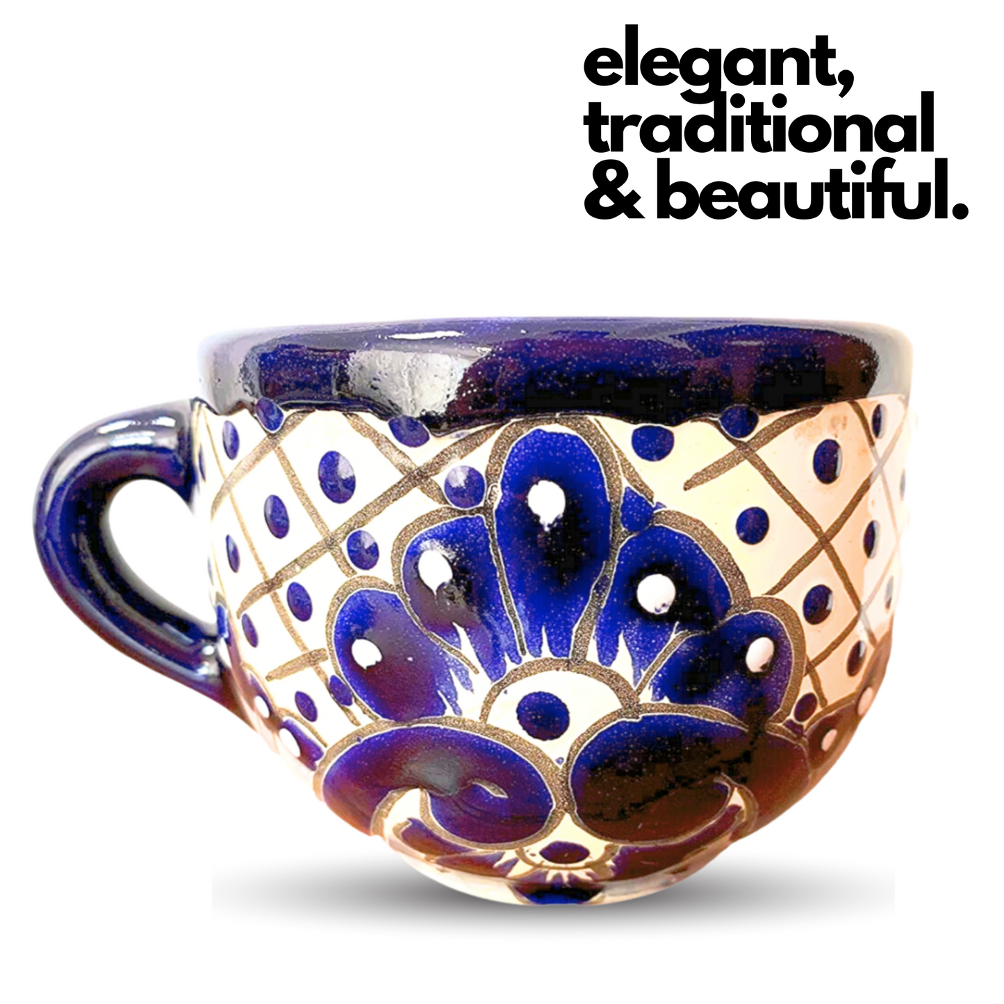 elegant traditional and beautiful Hand Painted Wide Mouth Mug in Blue and White - Authentic Mexican Pottery by Casa Fiesta Designs.
