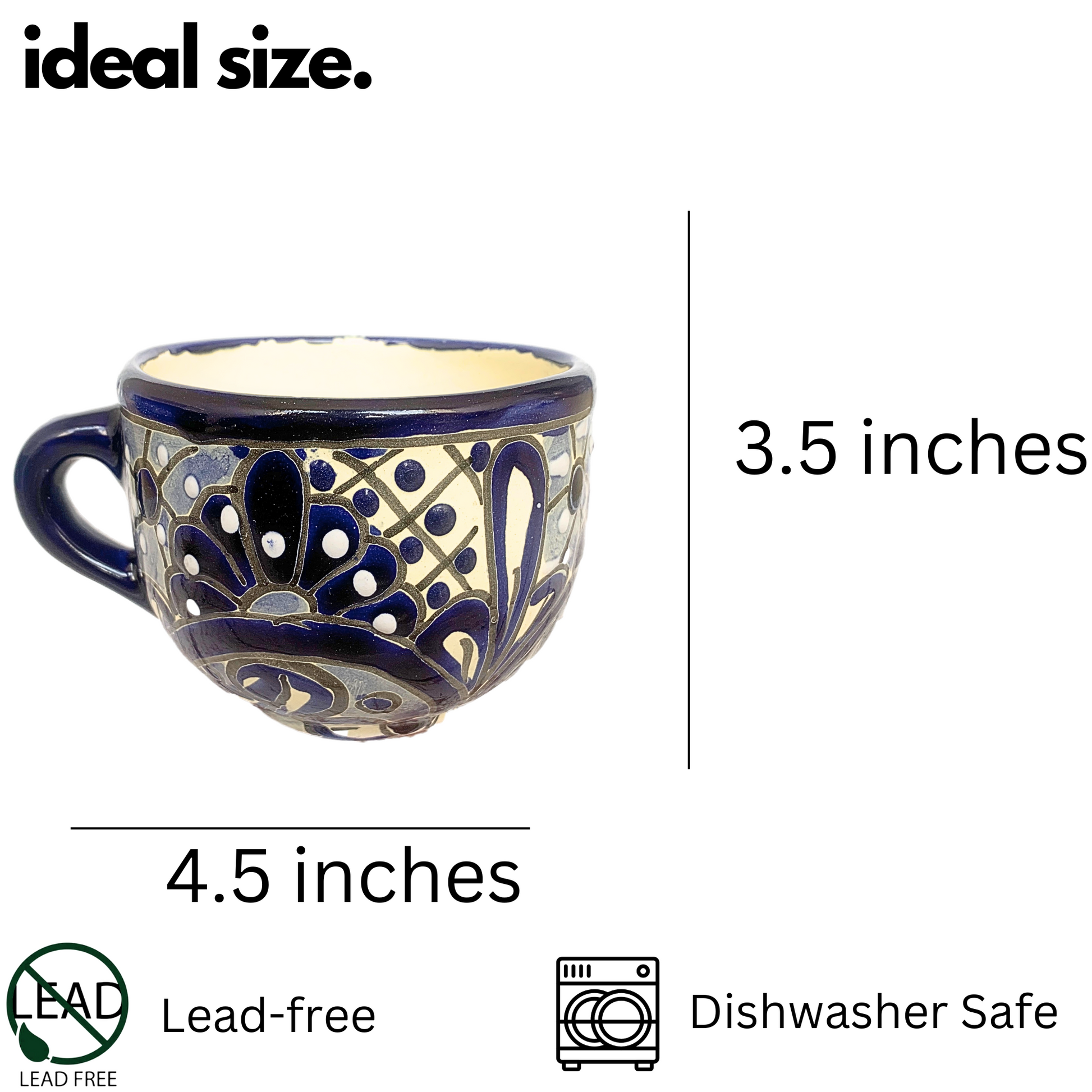 ideal size Hand Painted Wide Mouth Mug in Blue and White - Authentic Mexican Pottery by Casa Fiesta Designs.