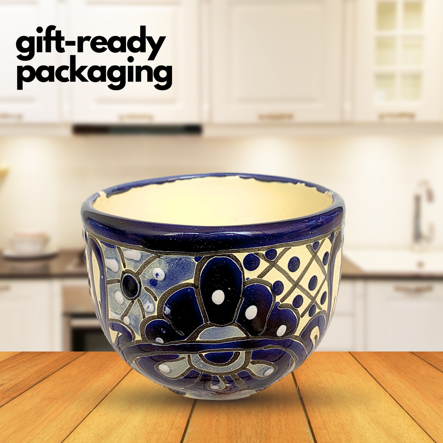 gift ready packaging for Hand Painted Wide Mouth Mug in Blue and White - Authentic Mexican Pottery by Casa Fiesta Designs.