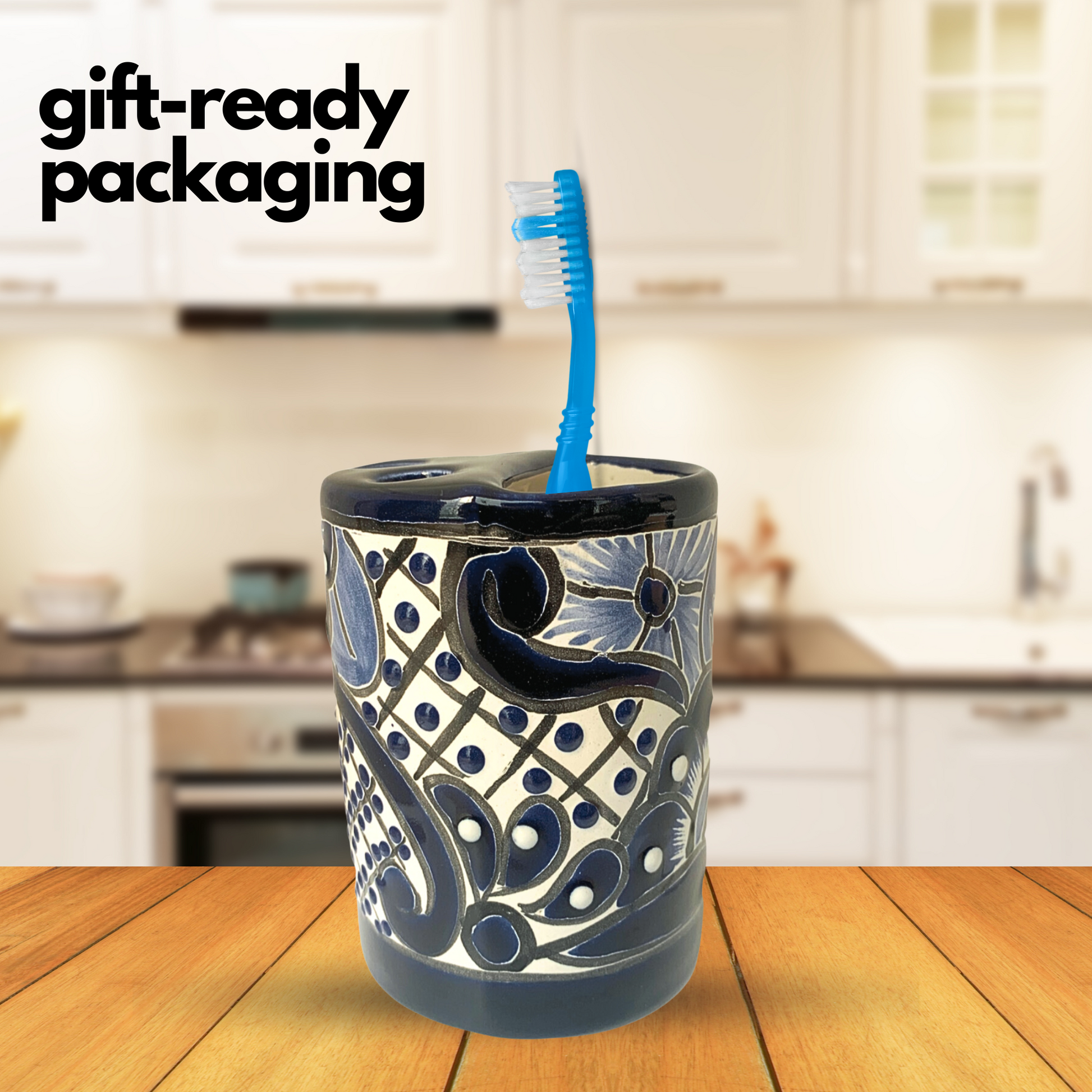 gift ready packaging Hand-painted Talavera Toothbrush Holder by Casa Fiesta Designs, offers compact storage and adds charm to your bathroom.