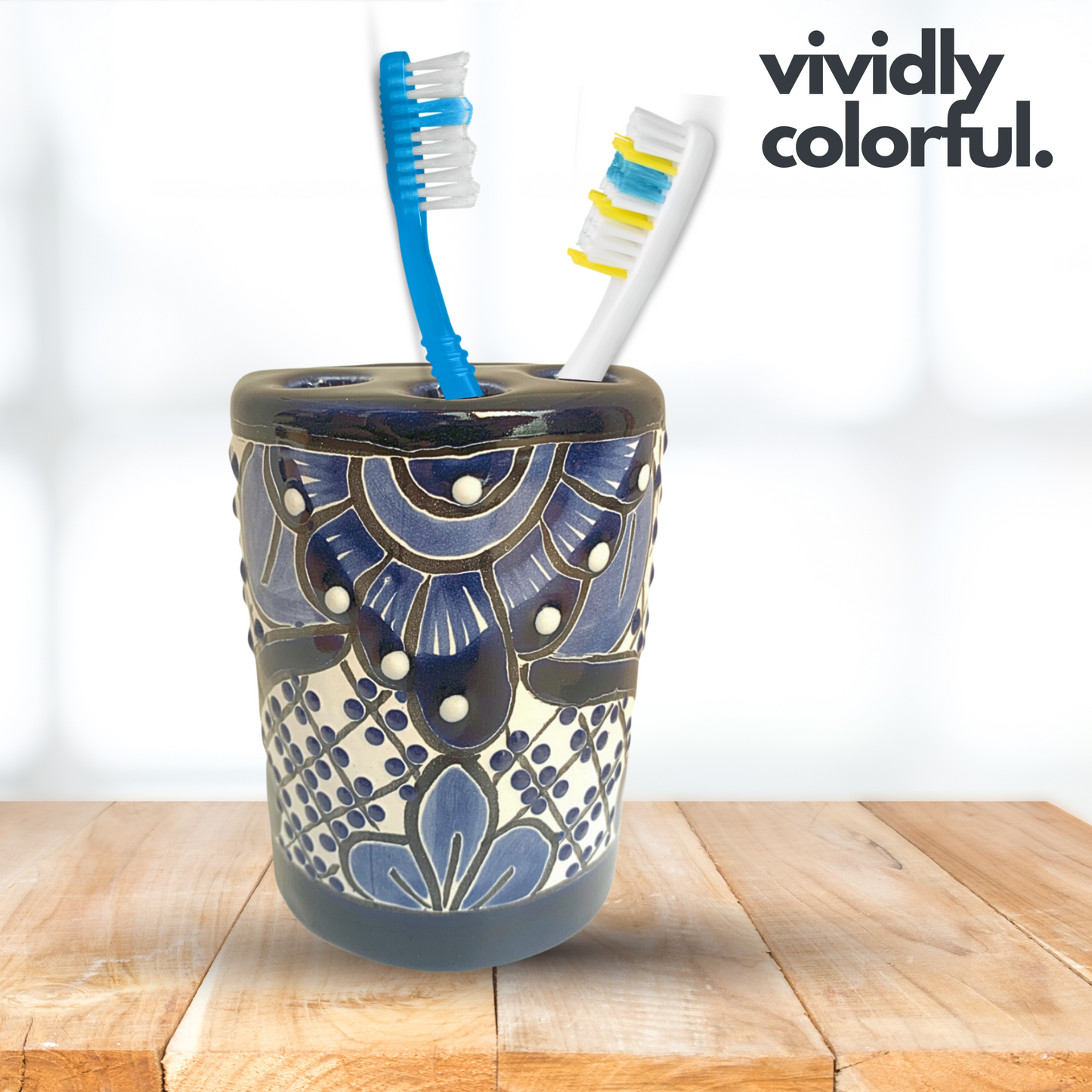 vividly colorful Hand-painted Talavera Toothbrush Holder by Casa Fiesta Designs, offers compact storage and adds charm to your bathroom.