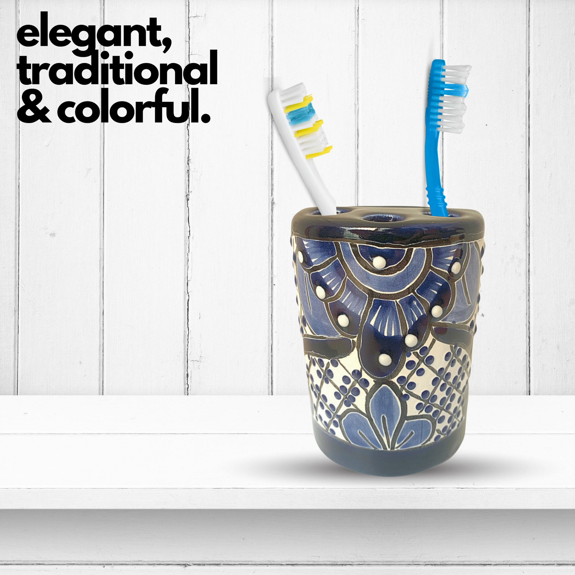 elegant traditional and colorful Hand-painted Talavera Toothbrush Holder by Casa Fiesta Designs, offers compact storage and adds charm to your bathroom.