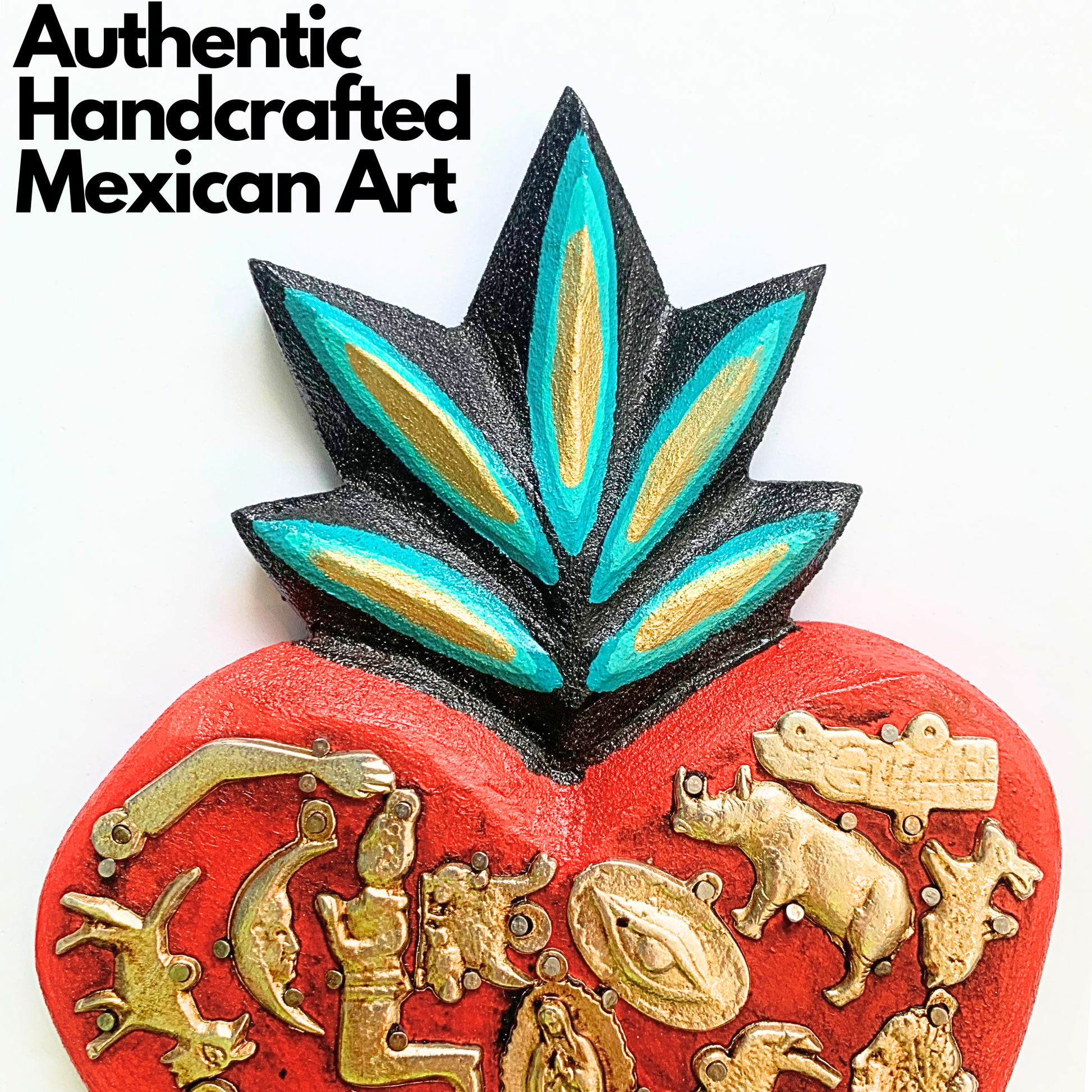 authentic handcrafted mexican art Ex Voto Wooden Sacred Heart with Milagros, handcrafted and hand-painted by Mexican artisans, brightens up any room with its vibrant colors.