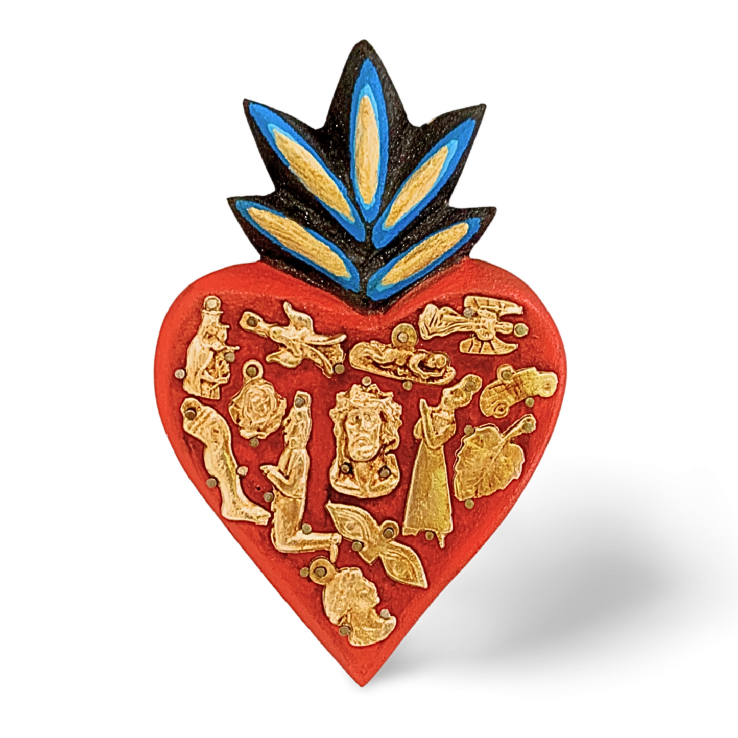 main image Ex Voto Wooden Sacred Heart with Milagros, handcrafted and hand-painted by Mexican artisans, brightens up any room with its vibrant colors.