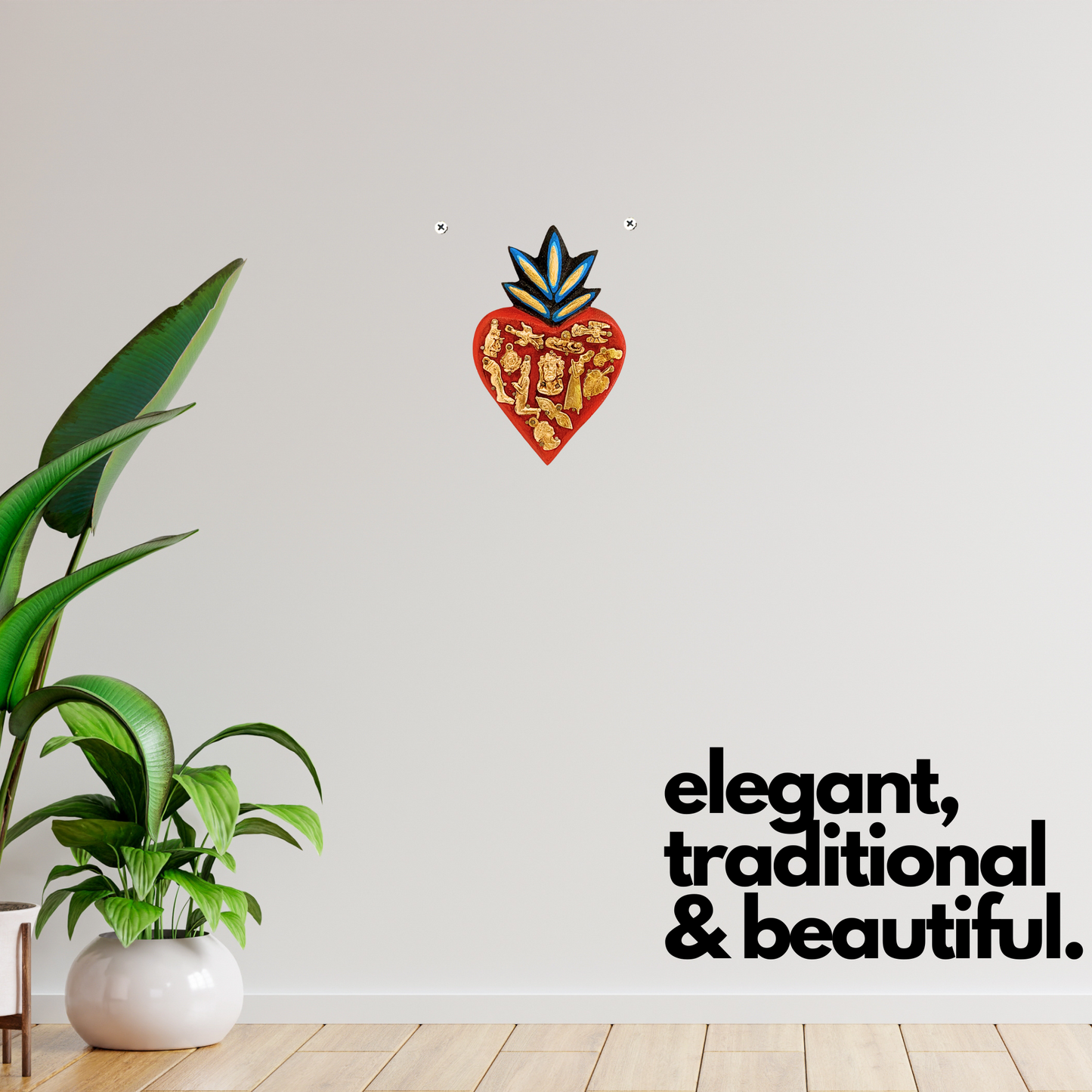 Ex Voto Wooden Sacred Heart with Milagros, handcrafted and hand-painted by Mexican artisans, brightens up any room with its vibrant colors wall hanging art