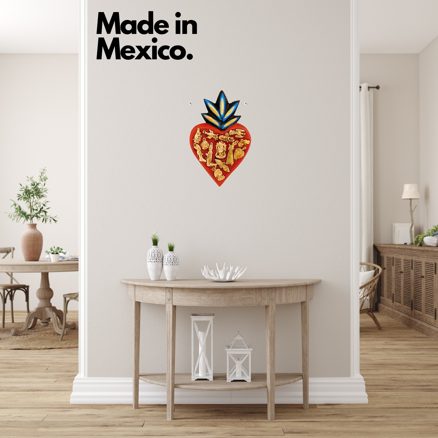 Ex Voto Wooden Sacred Heart with Milagros, handcrafted and hand-painted by Mexican artisans, brightens up any room with its vibrant colors on a wall