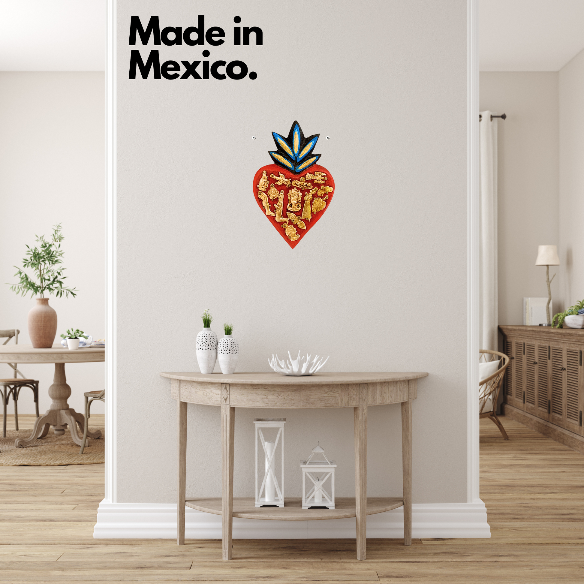 made in mexico Ex Voto Wooden Sacred Heart, hand-painted by Mexican artisans, featuring colorful milagros, perfect for wall decor and enhancing your space.