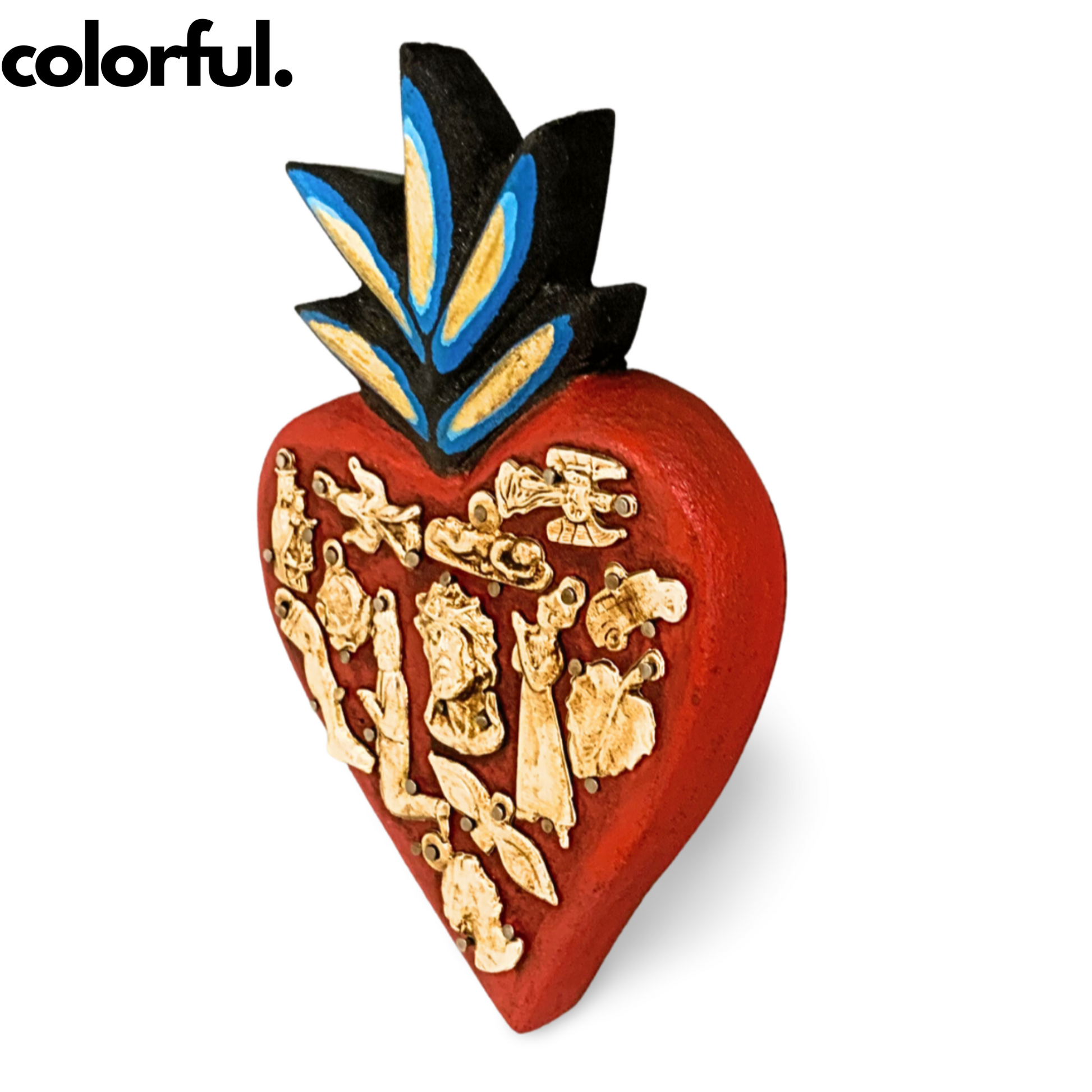 colorful Ex Voto Wooden Sacred Heart with Milagros, handcrafted and hand-painted by Mexican artisans, brightens up any room with its vibrant colors.