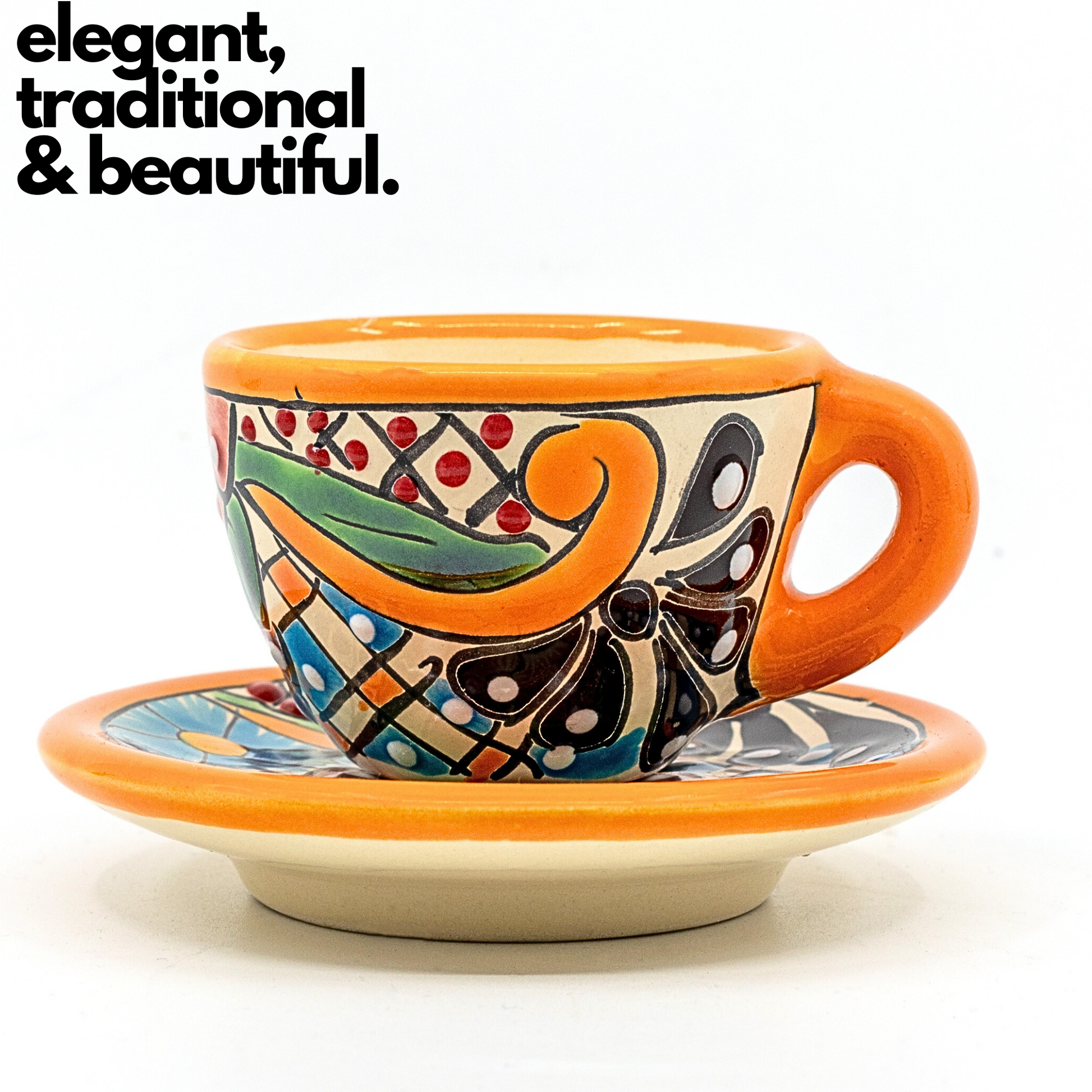 Handmade and hand-painted Mexican Talavera Ceramic Espresso Cup and Saucer set with vibrant floral pattern.