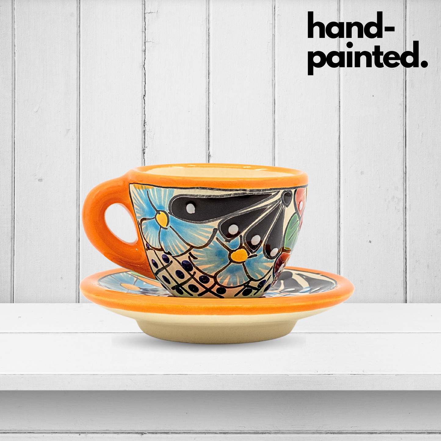 Handmade and hand-painted Mexican Talavera Ceramic Espresso Cup and Saucer set with vibrant floral pattern.