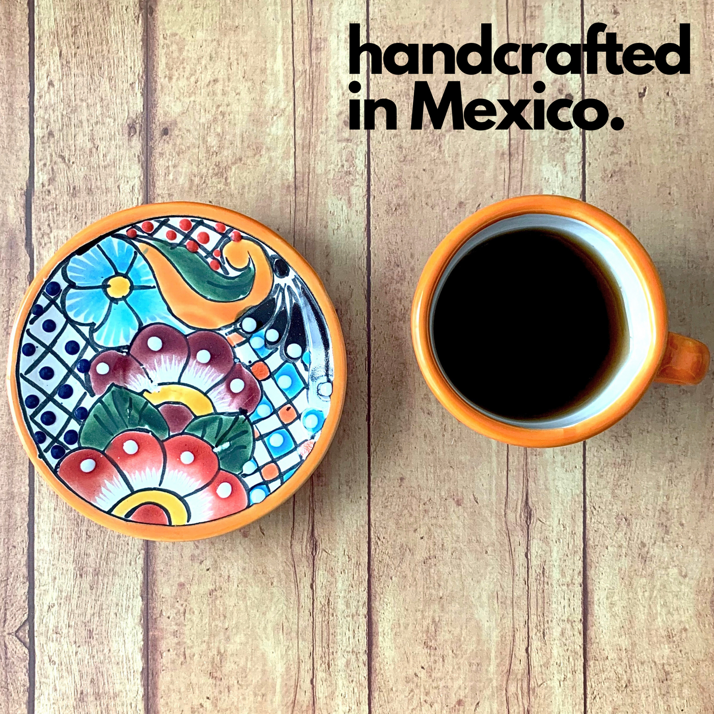 Handmade and hand-painted Mexican Talavera Ceramic Espresso Cup and Saucer set with vibrant floral pattern.