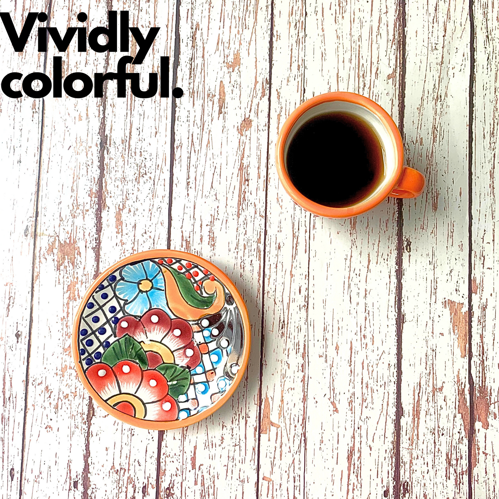 Handmade and hand-painted Mexican Talavera Ceramic Espresso Cup and Saucer set with vibrant floral pattern.