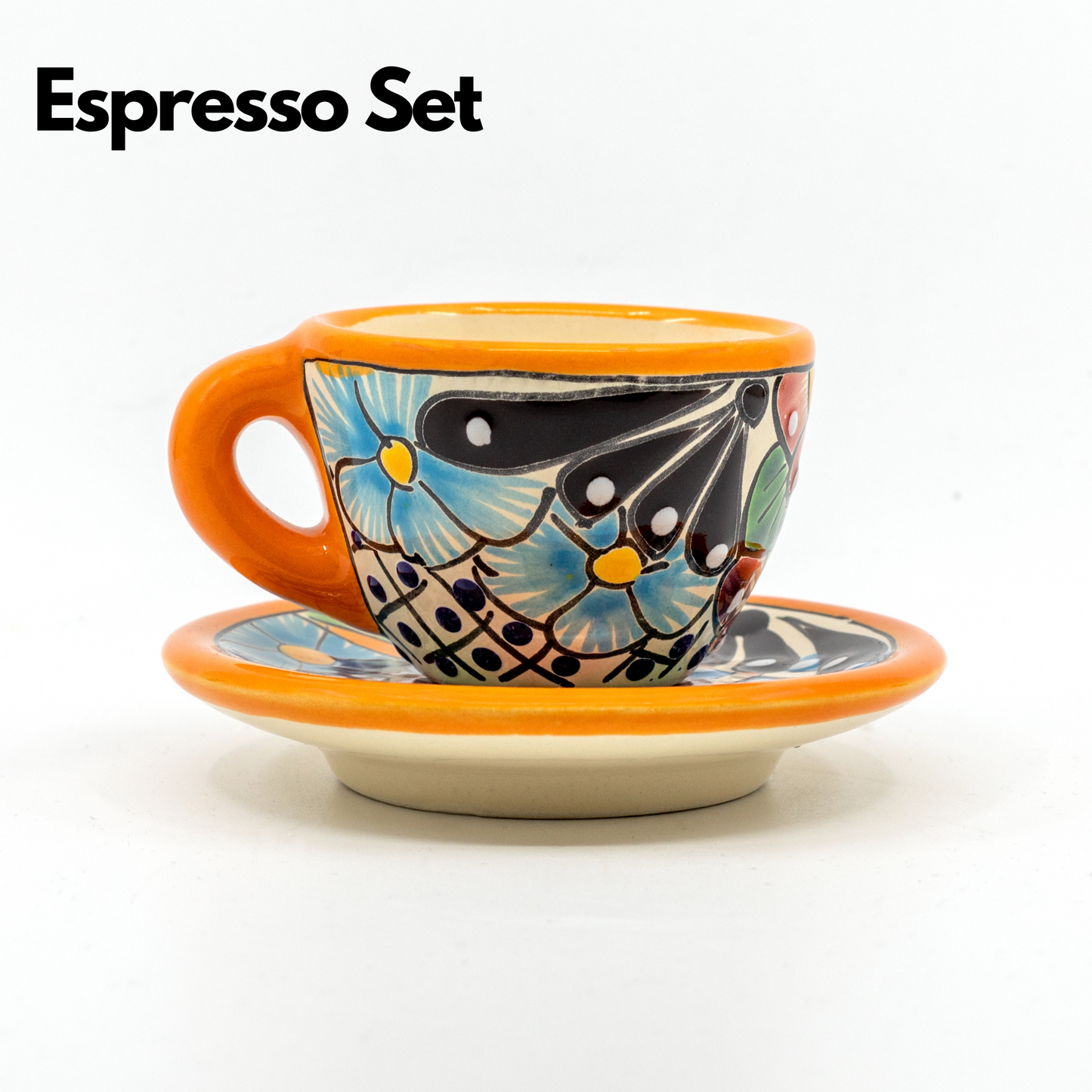 Handmade and hand-painted Mexican Talavera Ceramic Espresso Cup and Saucer set with vibrant floral pattern.