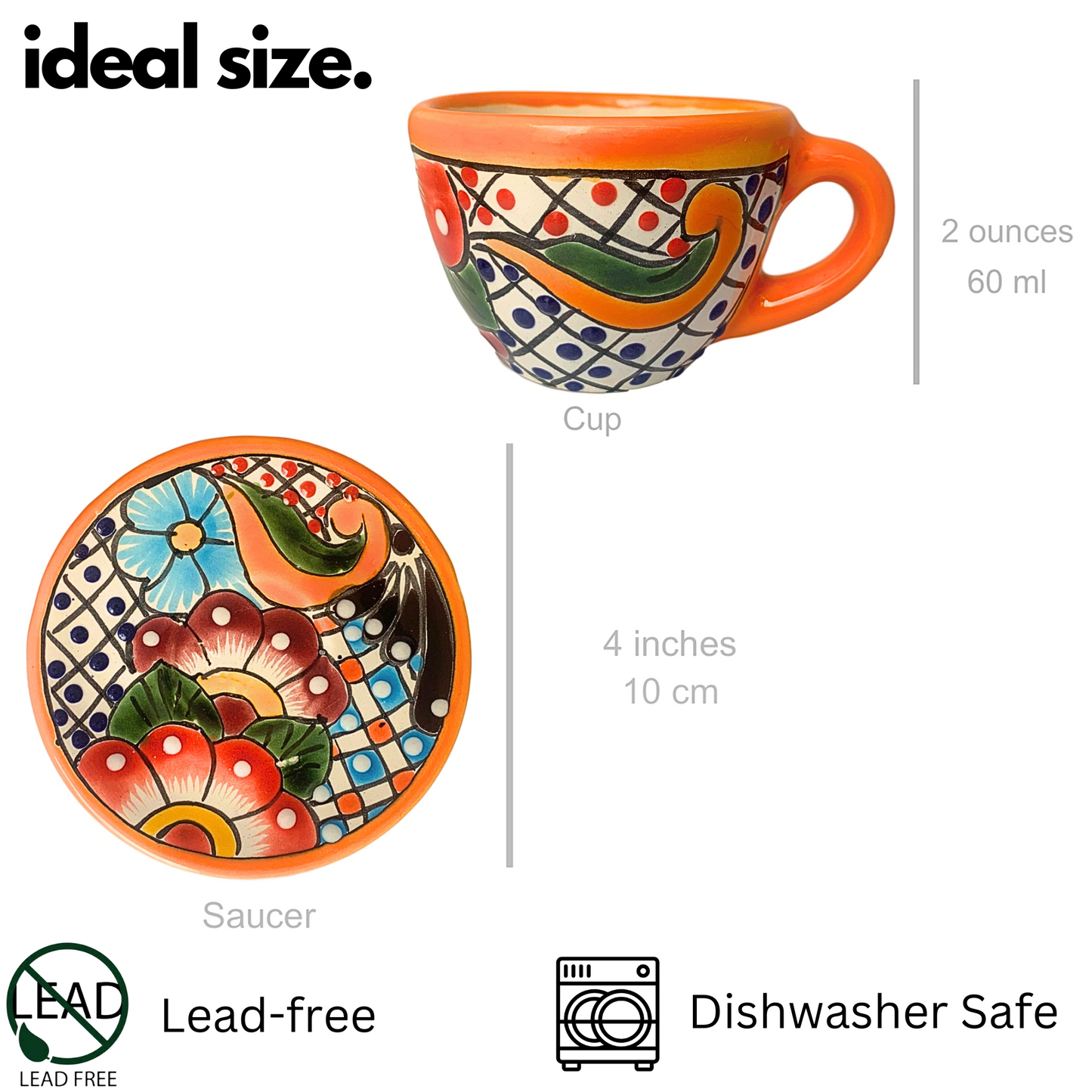 Handmade and hand-painted Mexican Talavera Ceramic Espresso Cup and Saucer set with vibrant floral pattern.