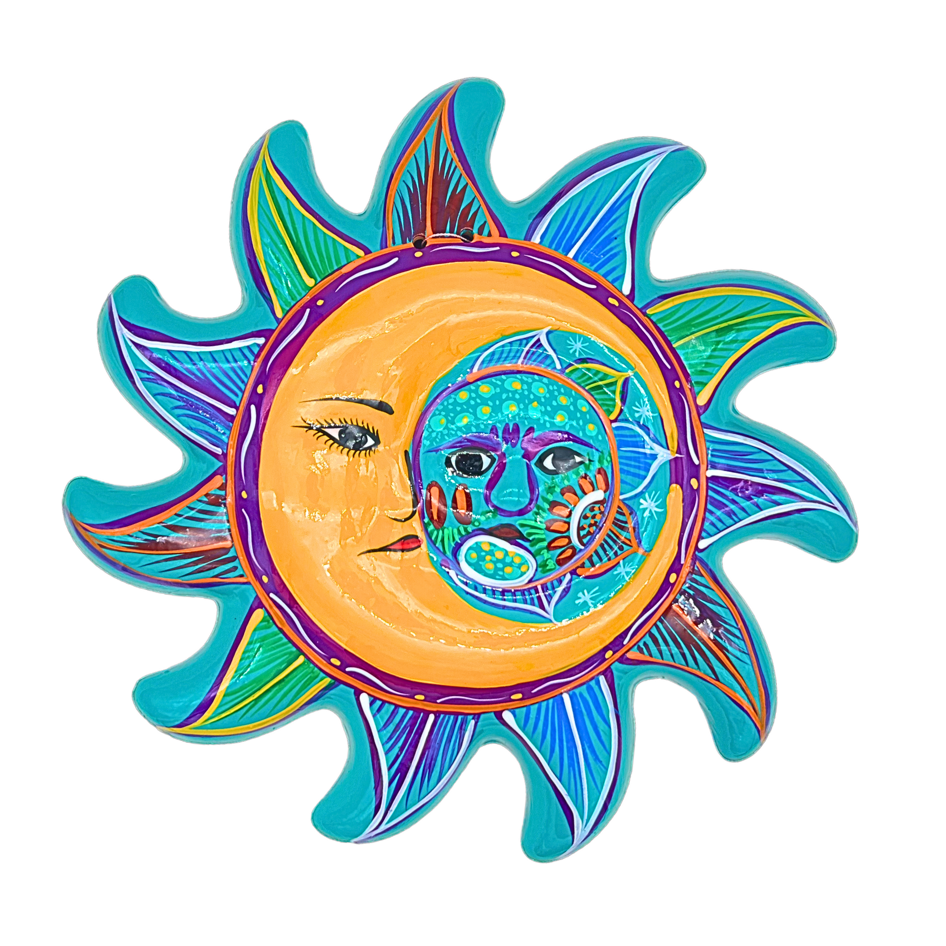 Ceramic Talavera sun and moon eclipse wall decor, hand-painted by Mexican artisans, multicolored, 10 inches in diameter.