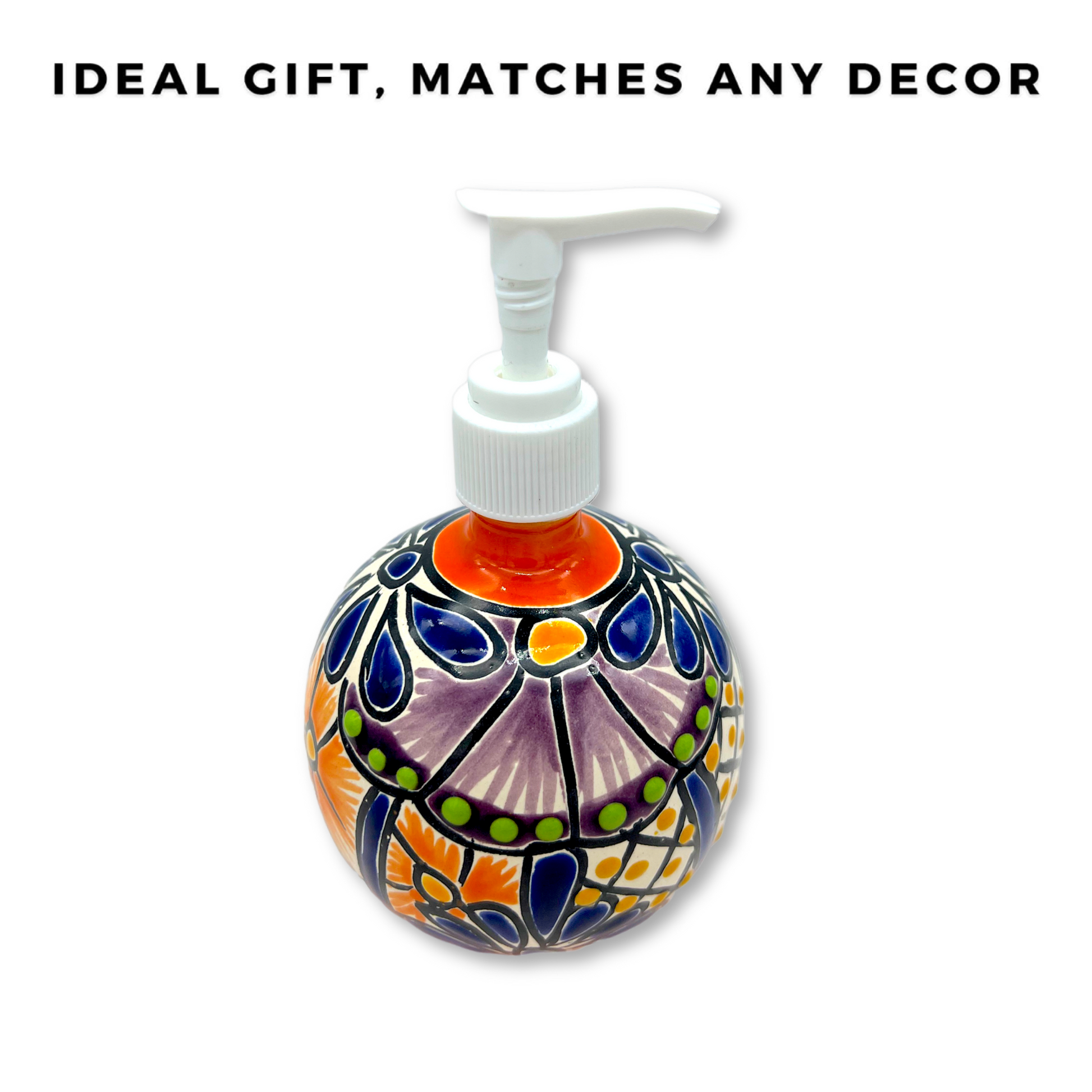 front view of Hand-painted Talavera Ceramic Soap Dispenser in vibrant colors, an artistic addition to kitchen or bathroom.