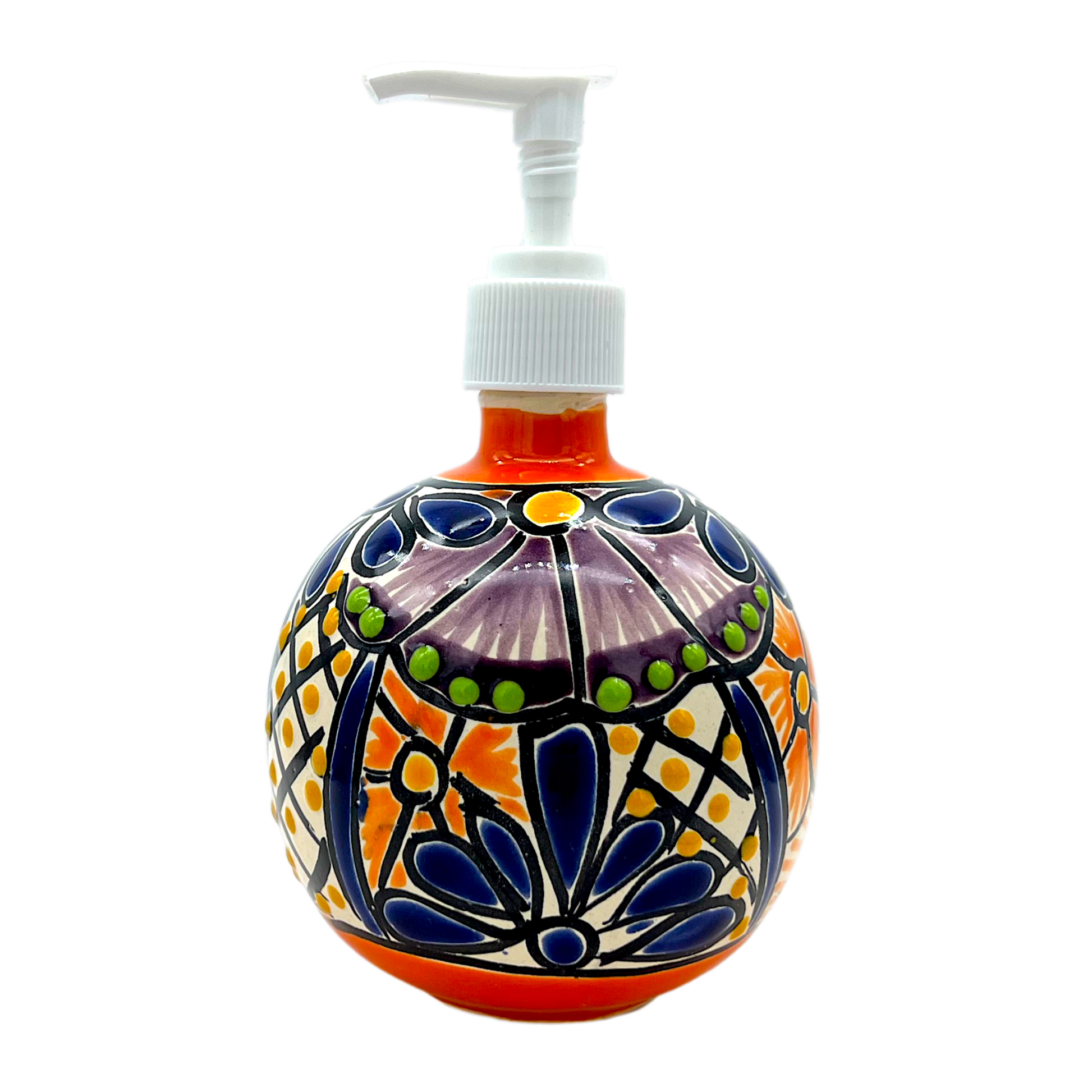 front of Hand-painted Talavera Ceramic Soap Dispenser in vibrant colors, an artistic addition to kitchen or bathroom.