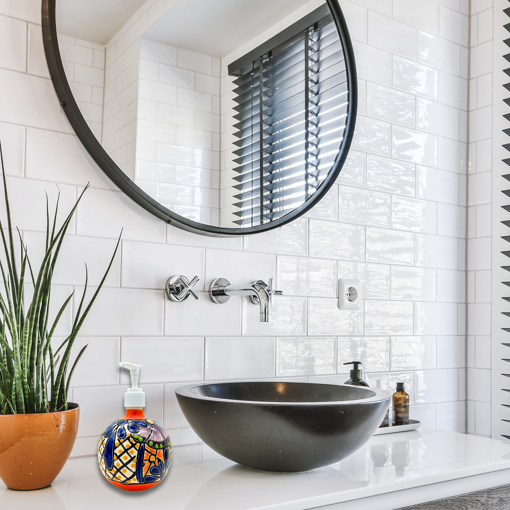 bathroom decor Hand-painted Talavera Ceramic Soap Dispenser in vibrant colors, an artistic addition to kitchen or bathroom.