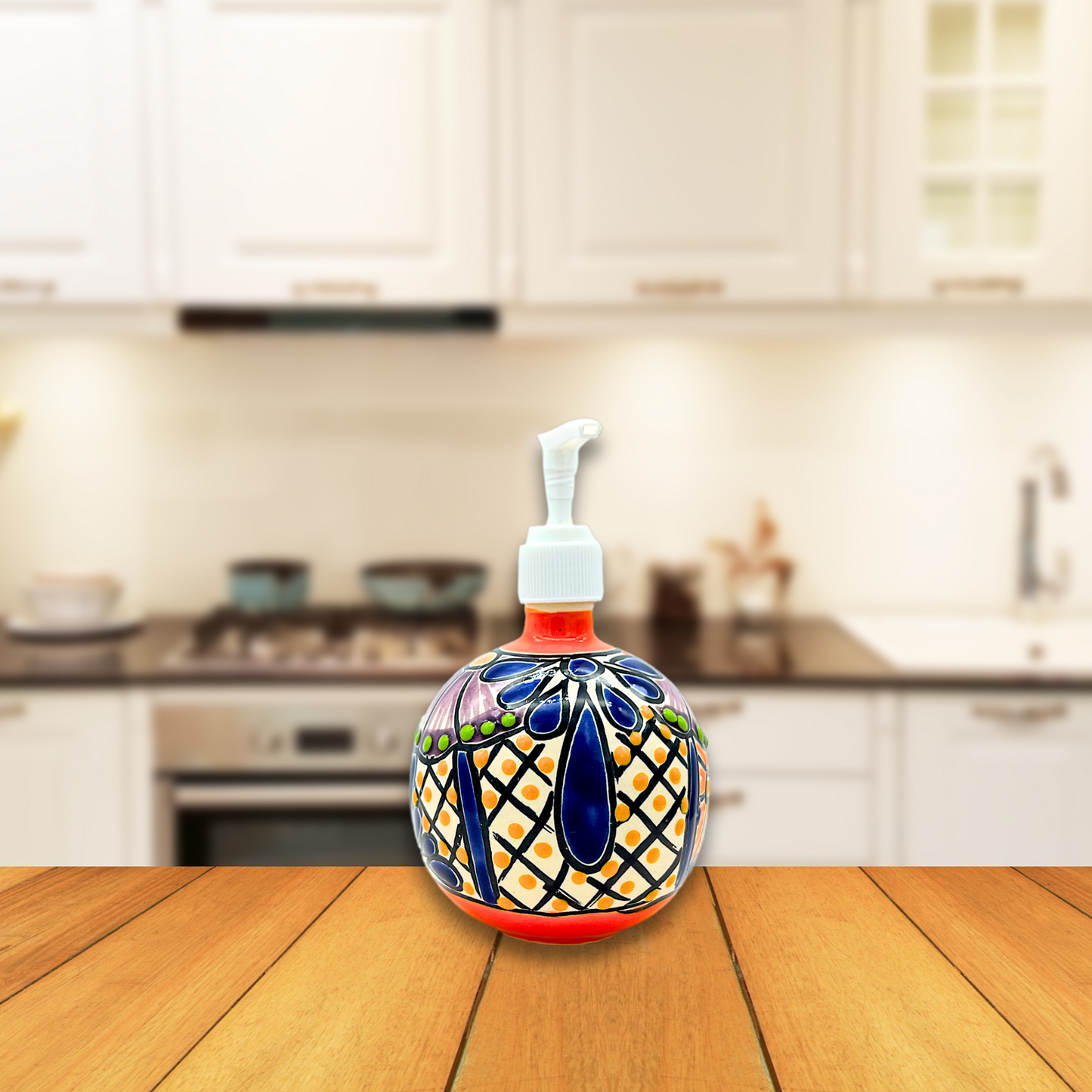 Hand-painted Talavera Ceramic Soap Dispenser in vibrant colors, an artistic addition to kitchen or bathroom. lifestyle photo