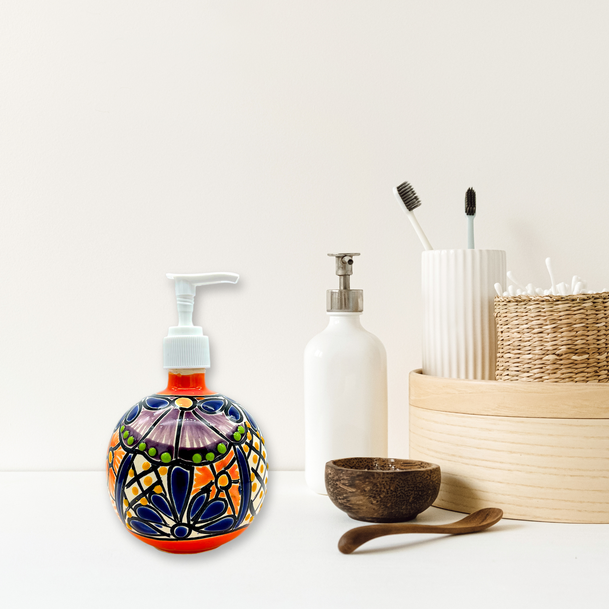 decorative item Hand-painted Talavera Ceramic Soap Dispenser in vibrant colors, an artistic addition to kitchen or bathroom.