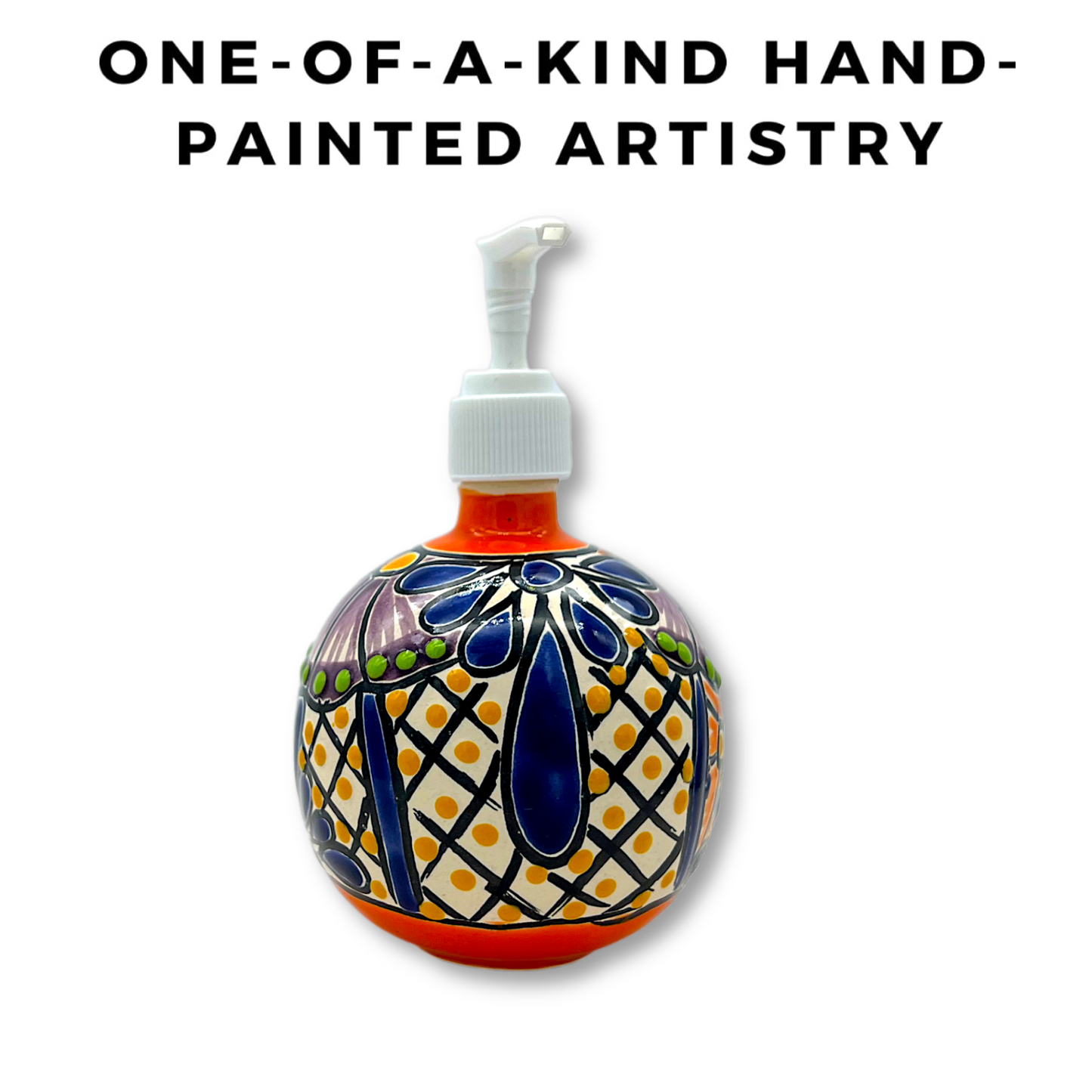 one of a kind Hand-painted Talavera Ceramic Soap Dispenser in vibrant colors, an artistic addition to kitchen or bathroom. sphered shape