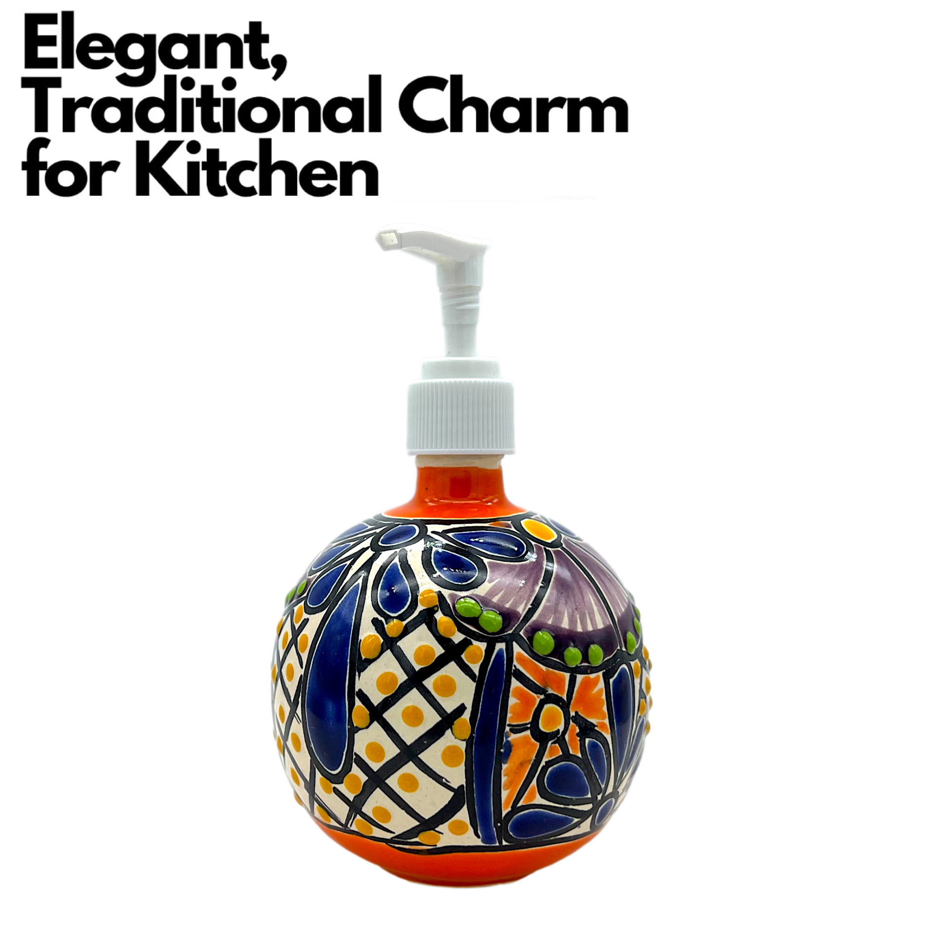 Hand-painted Talavera Ceramic Soap Dispenser in vibrant colors, an artistic addition to kitchen or bathroom. elegant traditional charm for kitchen