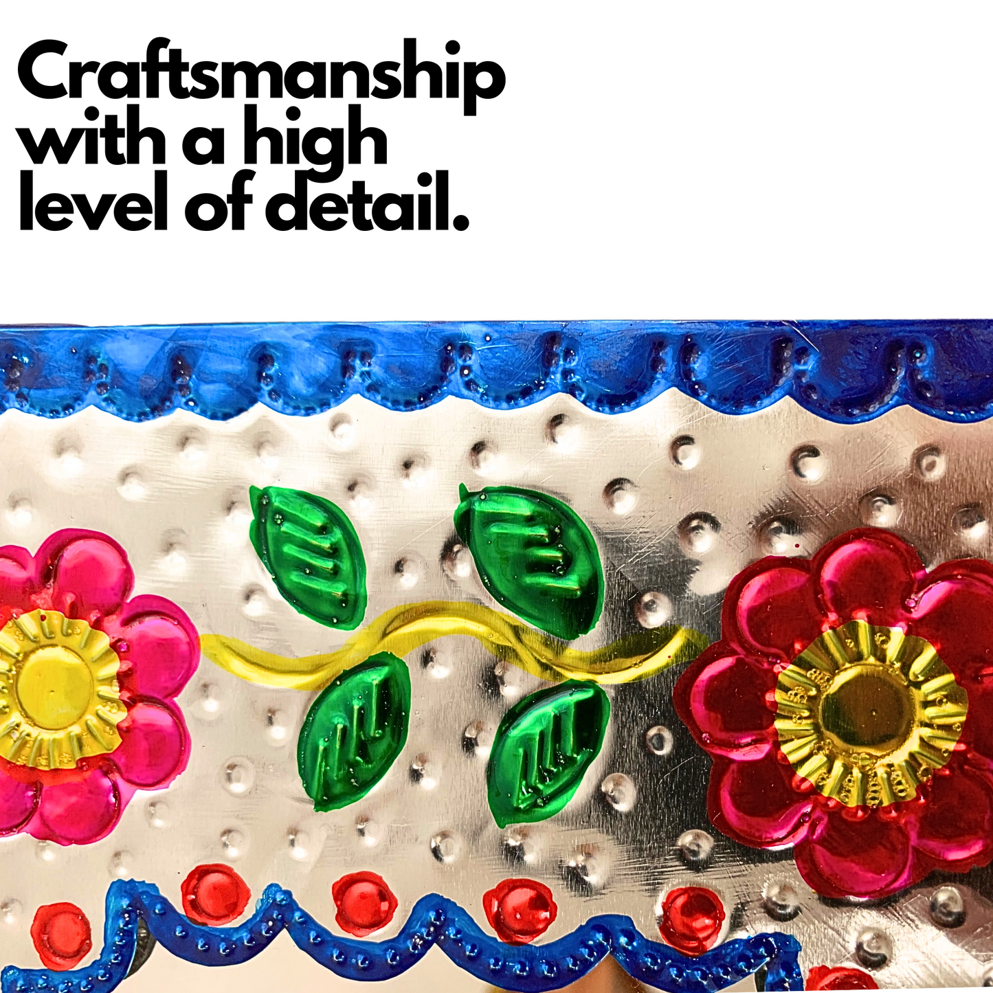 crafmanship with a gigh level of detail Casa Fiesta Designs' Embossed Tin Mirror - Handcrafted and Hand-painted Mexican Folk Art Wall Decor.