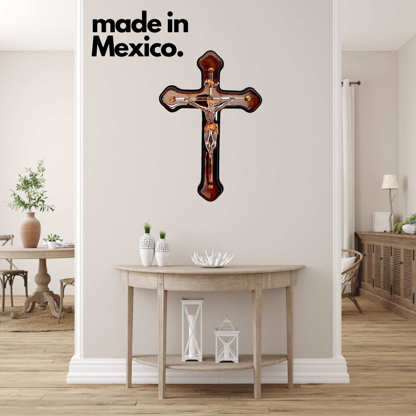 Handmade blown glass sculpture of Jesus on the cross, measuring 7" by 7". Perfect as a unique wall decoration.