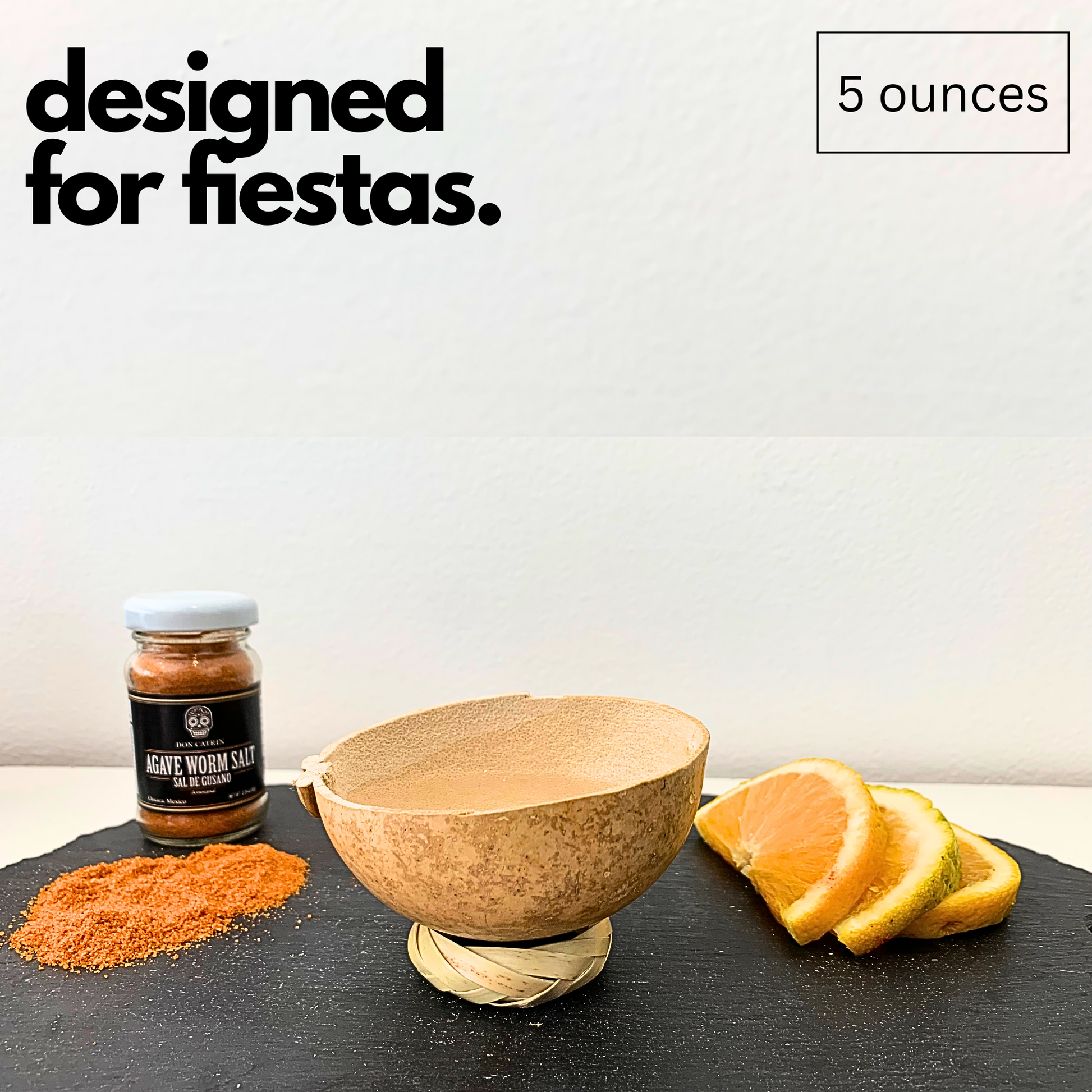 Handmade 5oz Mezcal Jicaras Cups from Mexico, perfect for enjoying agave spirits in a traditional manner, supporting sustainability. Set with worm salt and mezcal