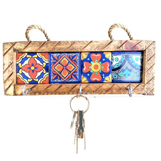 front of Handmade Mexican Talavera Tiles Key Holder, perfect for key organization and for adding vibrant Mexican style to your home.