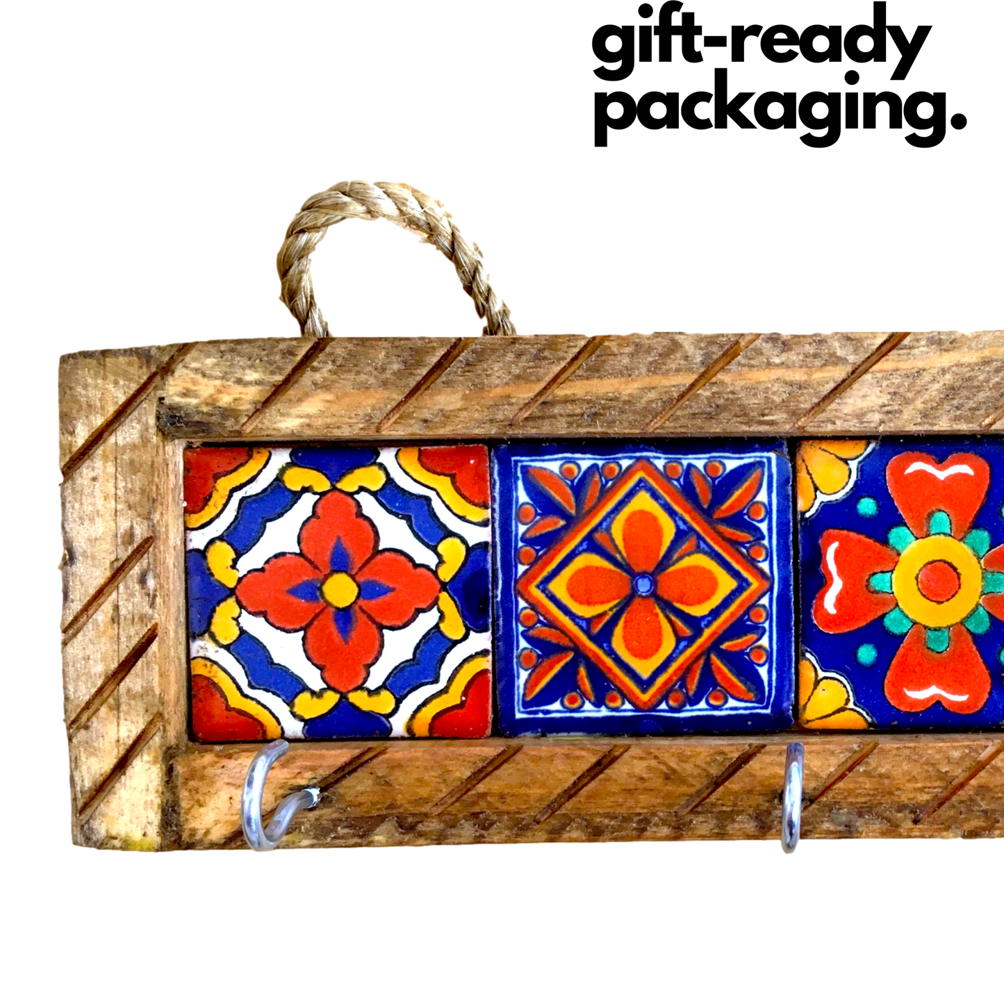 side of Handmade Mexican Talavera Tiles Key Holder, perfect for key organization and for adding vibrant Mexican style to your home.