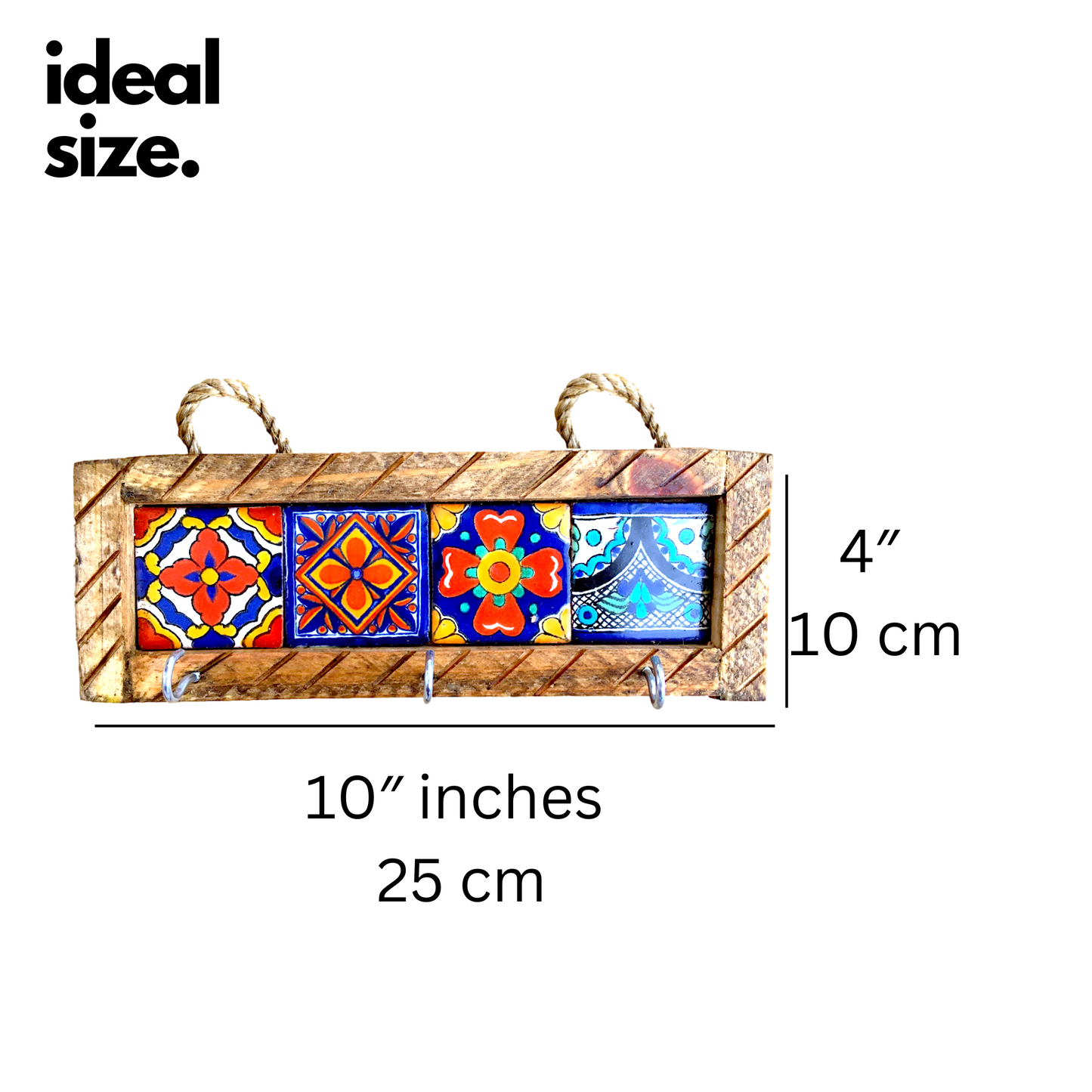 size of Handmade Mexican Talavera Tiles Key Holder, perfect for key organization and for adding vibrant Mexican style to your home.