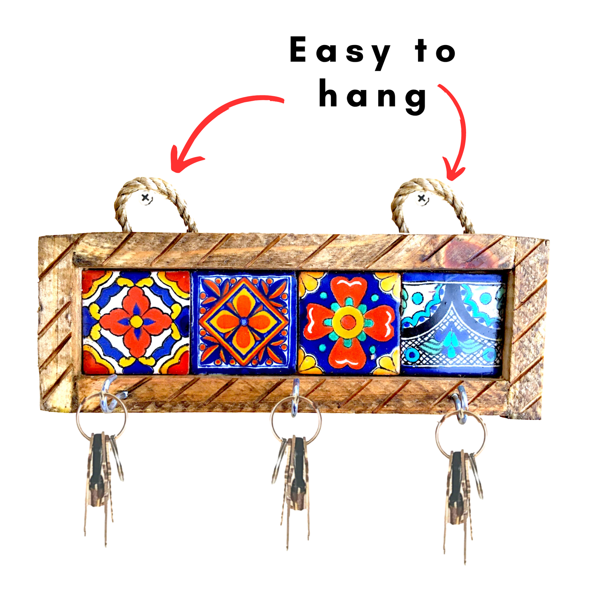 easy to hang Handmade Mexican Talavera Tiles Key Holder, perfect for key organization and for adding vibrant Mexican style to your home.