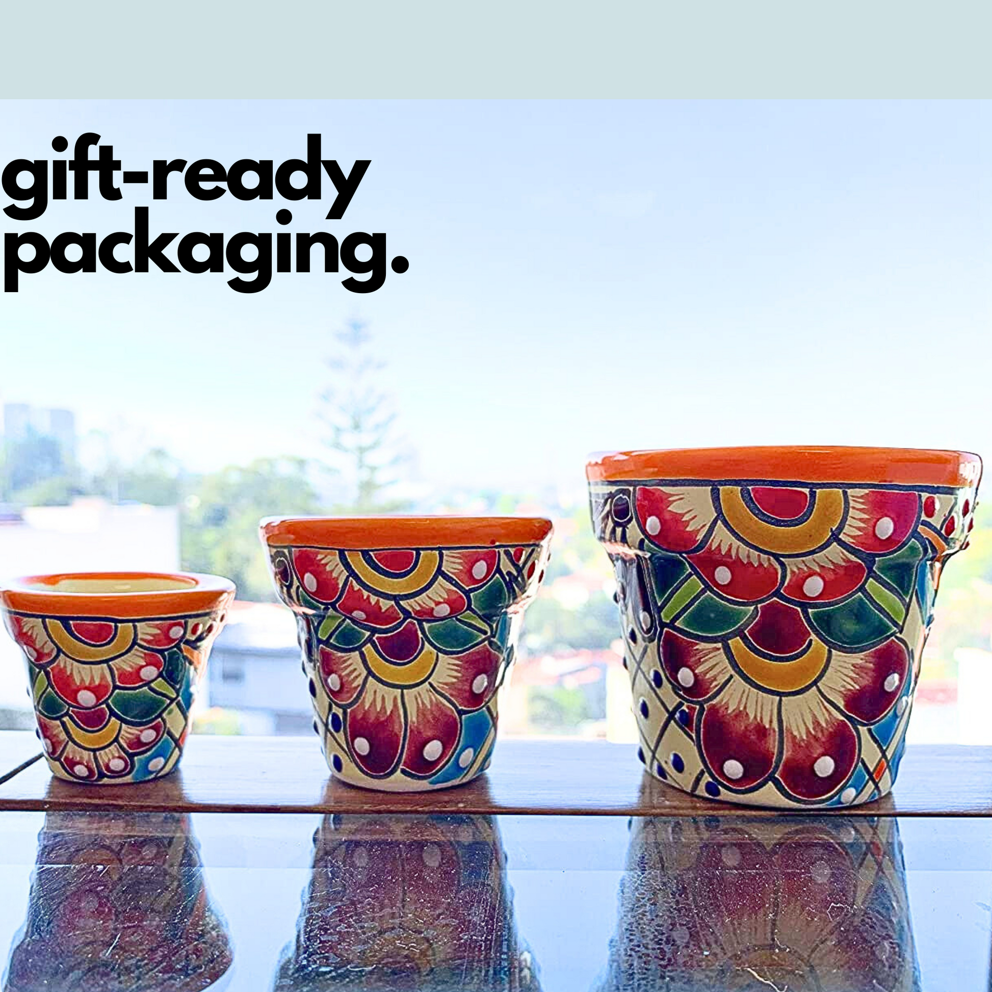 lifestyle photo Talavera Ceramic Mini Plant Pots, hand-painted with vibrant designs by Mexican artisans, perfect for small plants and interior decor.