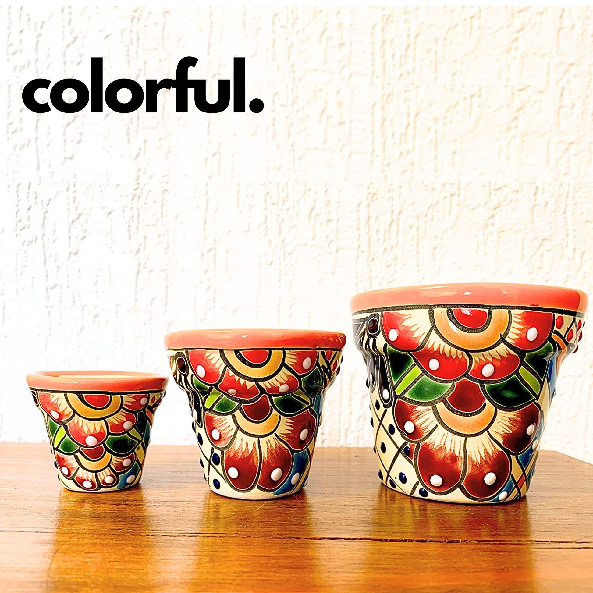 colorful Talavera Ceramic Mini Plant Pots, hand-painted with vibrant designs by Mexican artisans, perfect for small plants and interior decor.