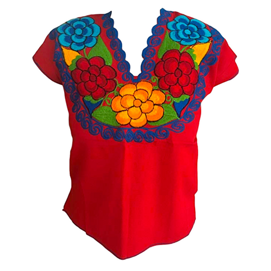 Mexican Red Blouse With Colorful Flowers