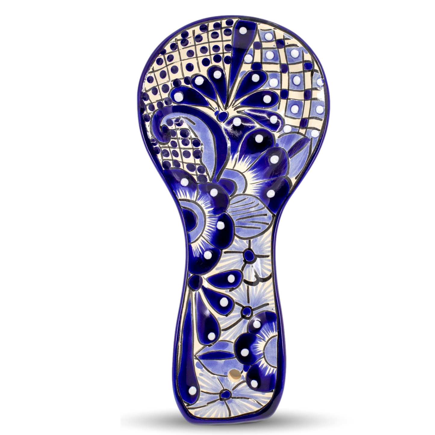 Charming blue & white Mexican handmade spoon rest, featuring handpainted folk art, made in Mexico as a unique porta cucharas spoon holder