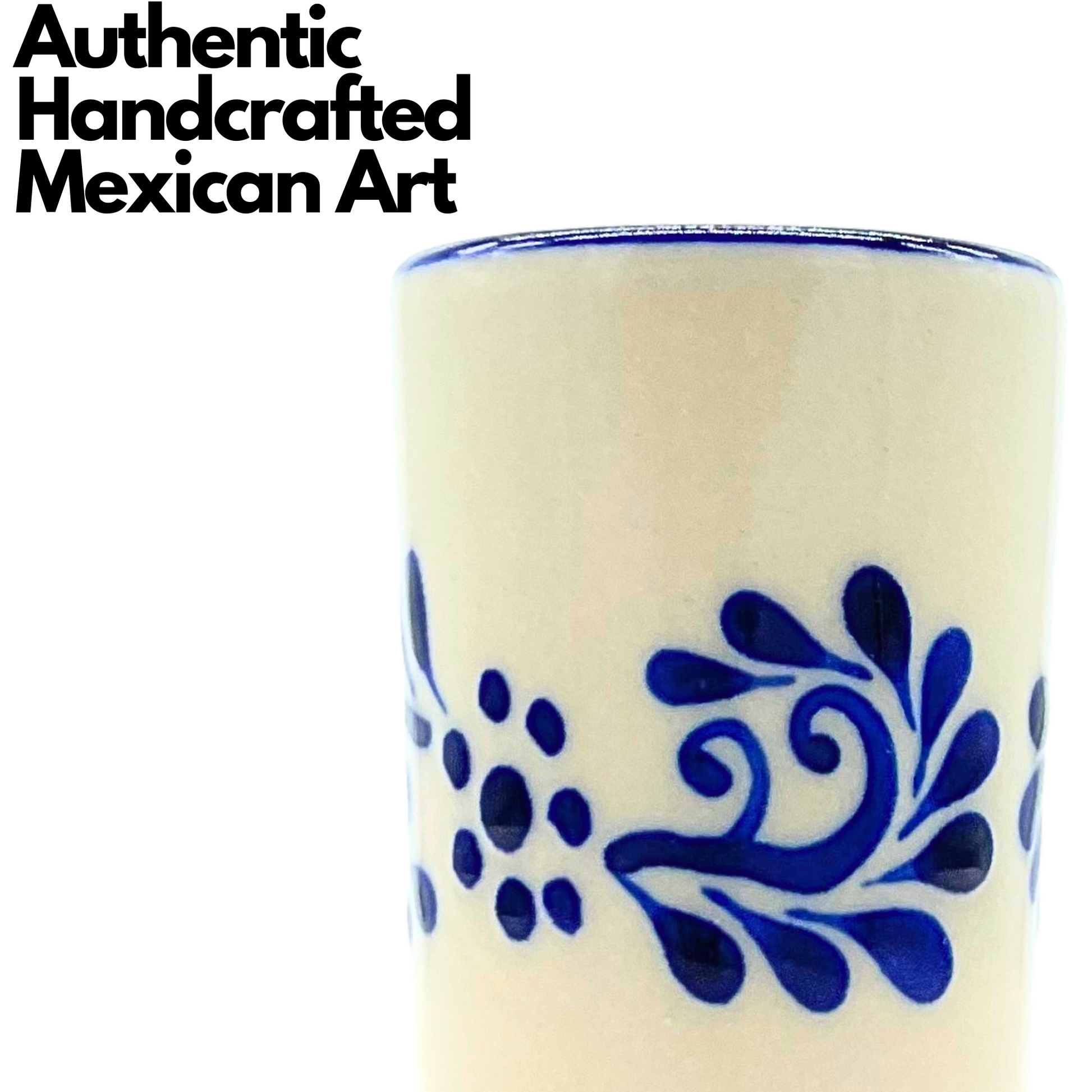 A set of two vibrant, hand-painted Mexican ceramic shot glasses, perfect for serving tequila or mezcal.