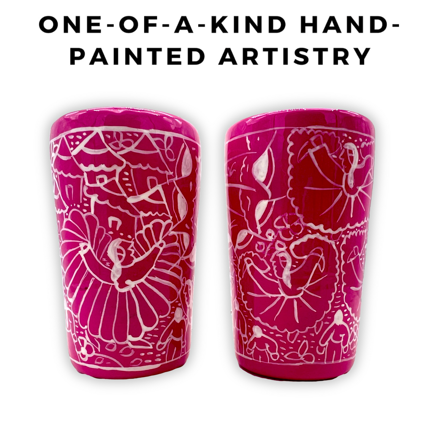 Pink ceramic shot glasses, hand-painted in Mexico with vibrant colors, ideal for tequila, mezcal, or other spirits, pack of 2.