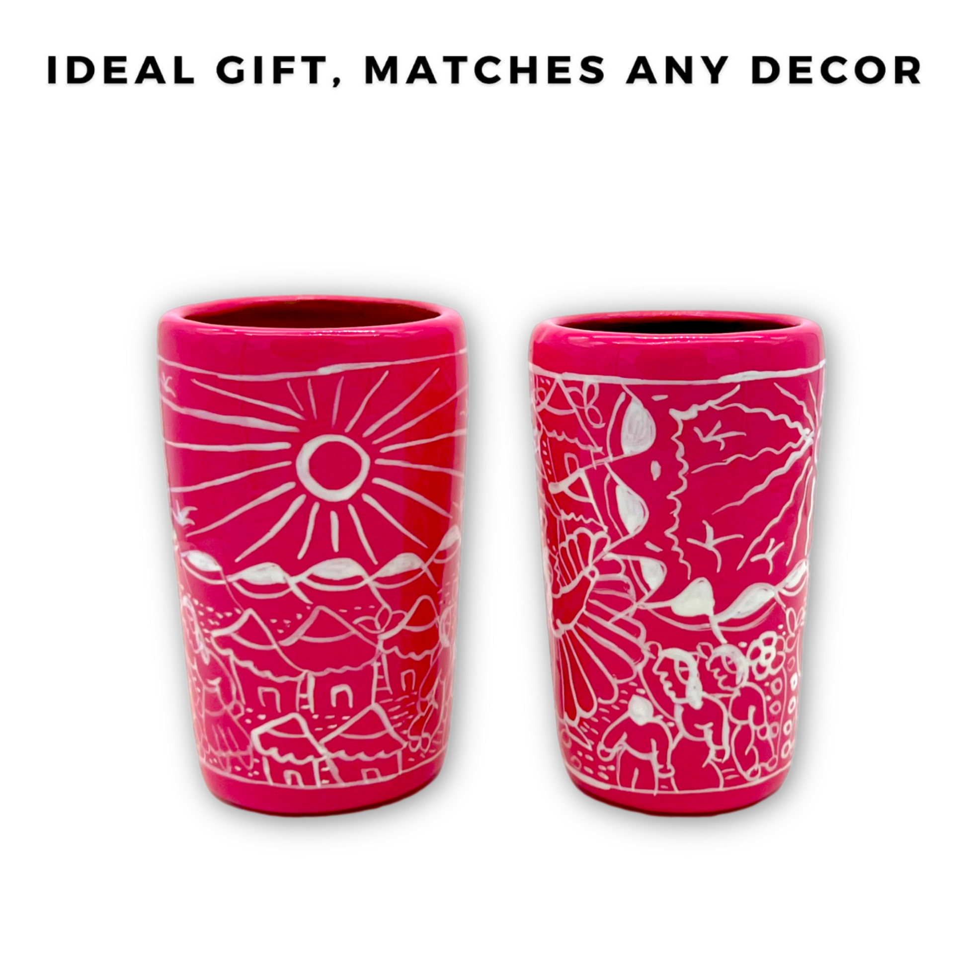 Pink ceramic shot glasses, hand-painted in Mexico with vibrant colors, ideal for tequila, mezcal, or other spirits, pack of 2.