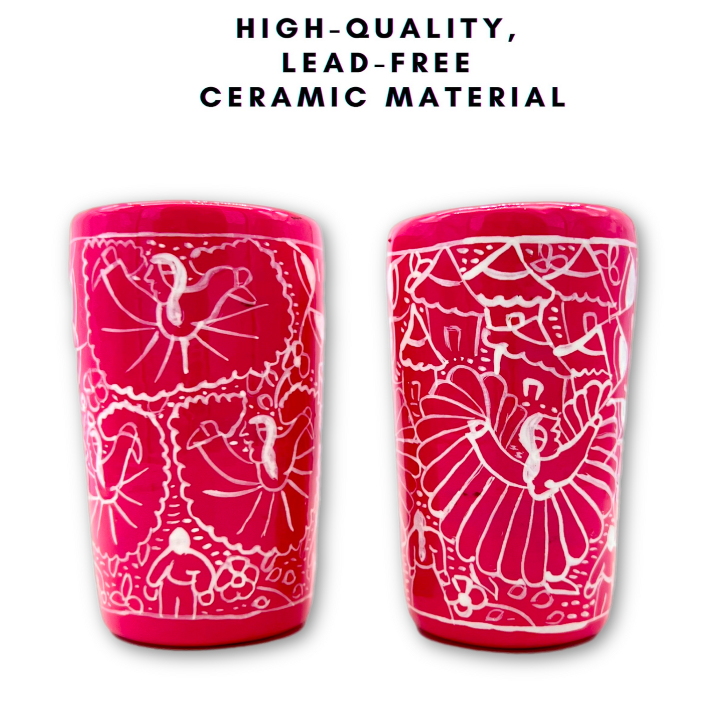 Pink ceramic shot glasses, hand-painted in Mexico with vibrant colors, ideal for tequila, mezcal, or other spirits, pack of 2.