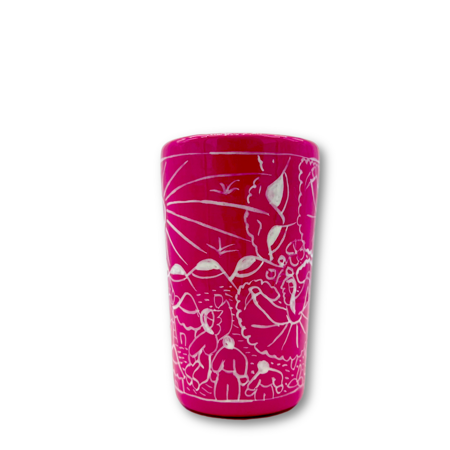 Pink ceramic shot glasses, hand-painted in Mexico with vibrant colors, ideal for tequila, mezcal, or other spirits, pack of 2.