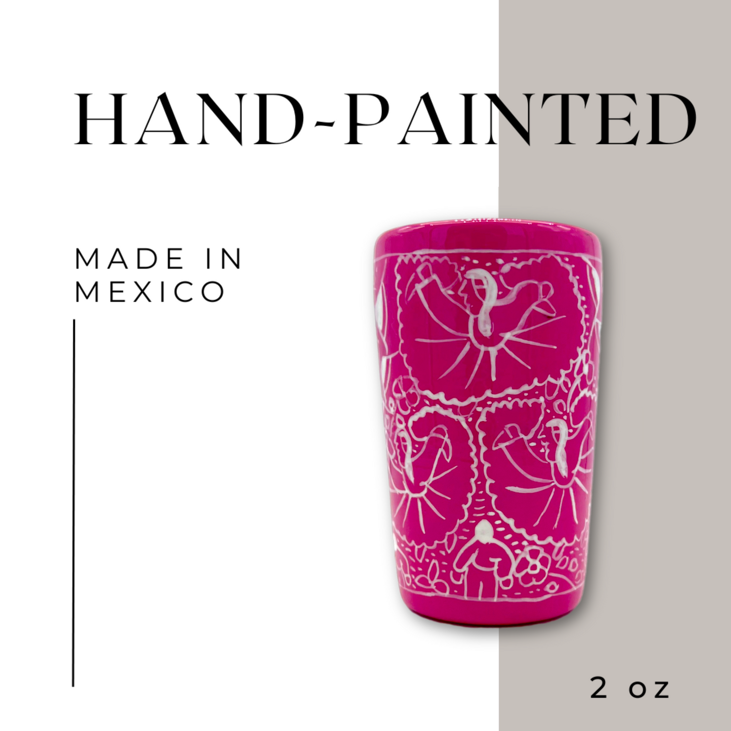 Pink ceramic shot glasses, hand-painted in Mexico with vibrant colors, ideal for tequila, mezcal, or other spirits, pack of 2.