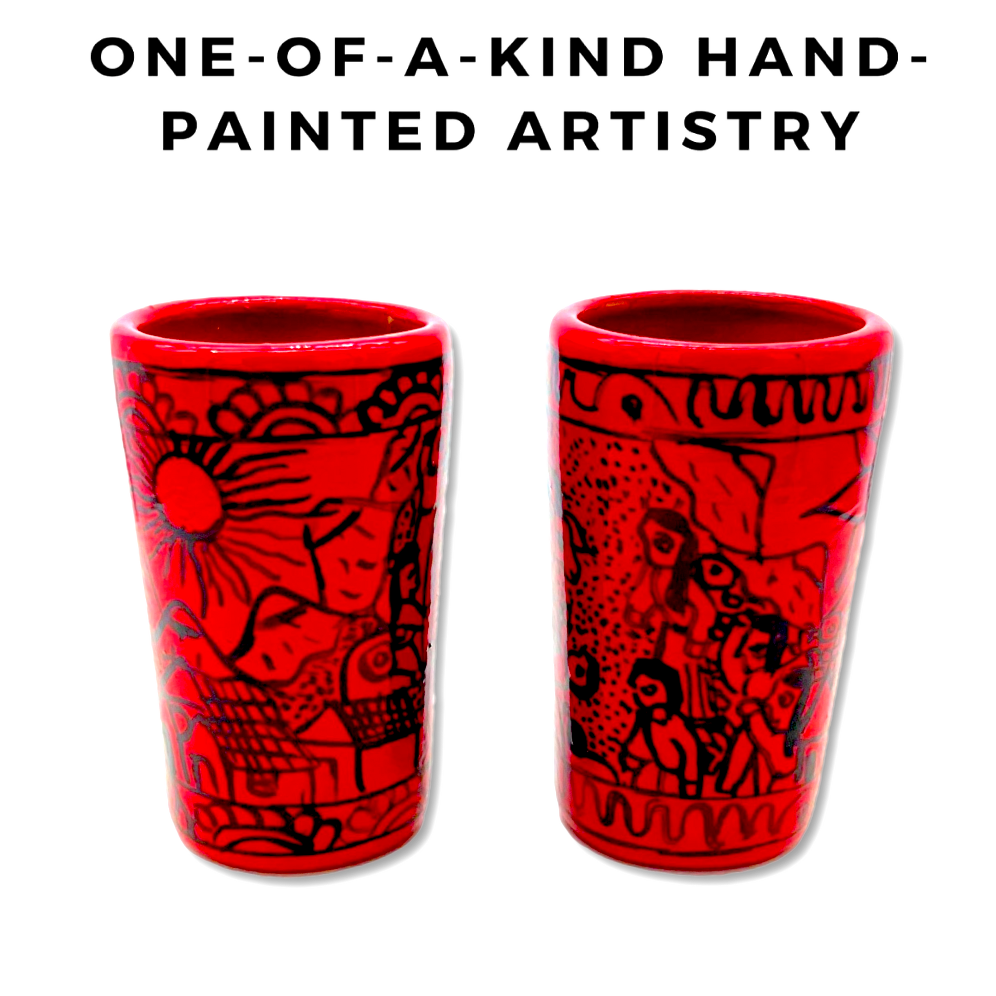 one of a kind red mexican shot glasses set of 2. handmade and handpainted in mexico