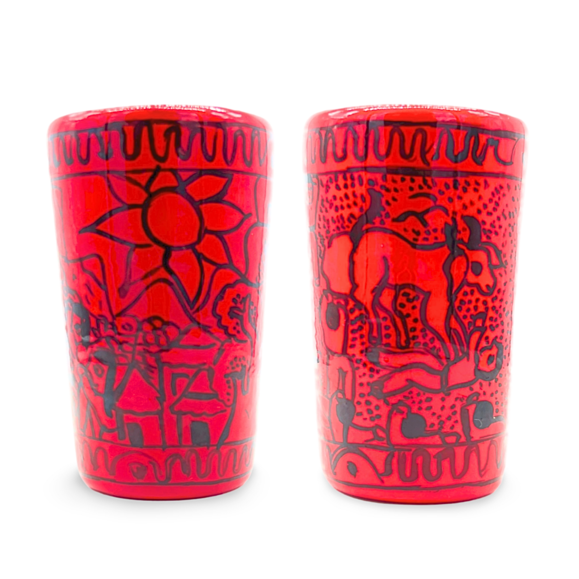 main image of red mexican shot glasses set of 2. handmade and handpainted in mexico