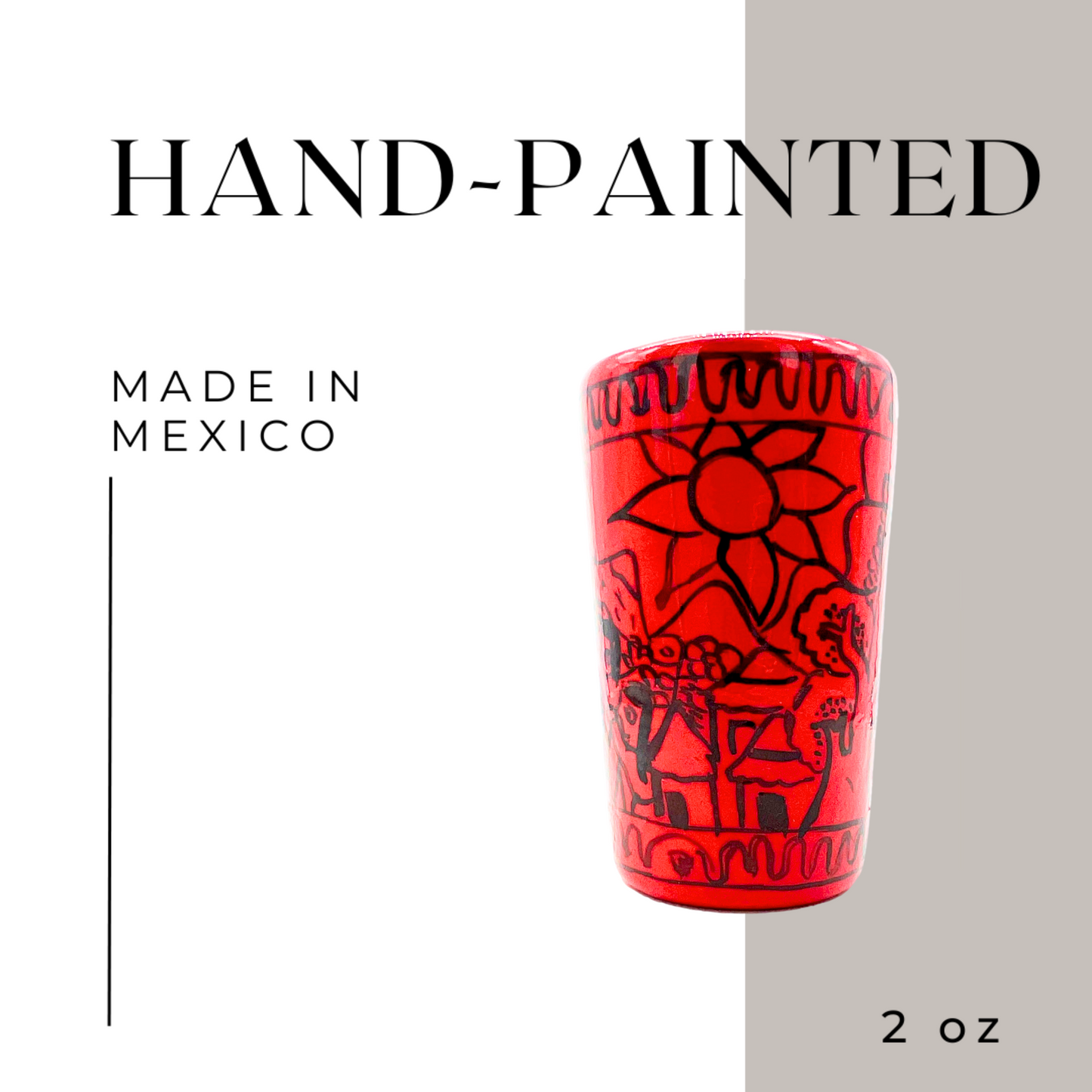 hand painted red mexican shot glasses set of 2. handmade and handpainted in mexico 2 ounces each shot caballito
