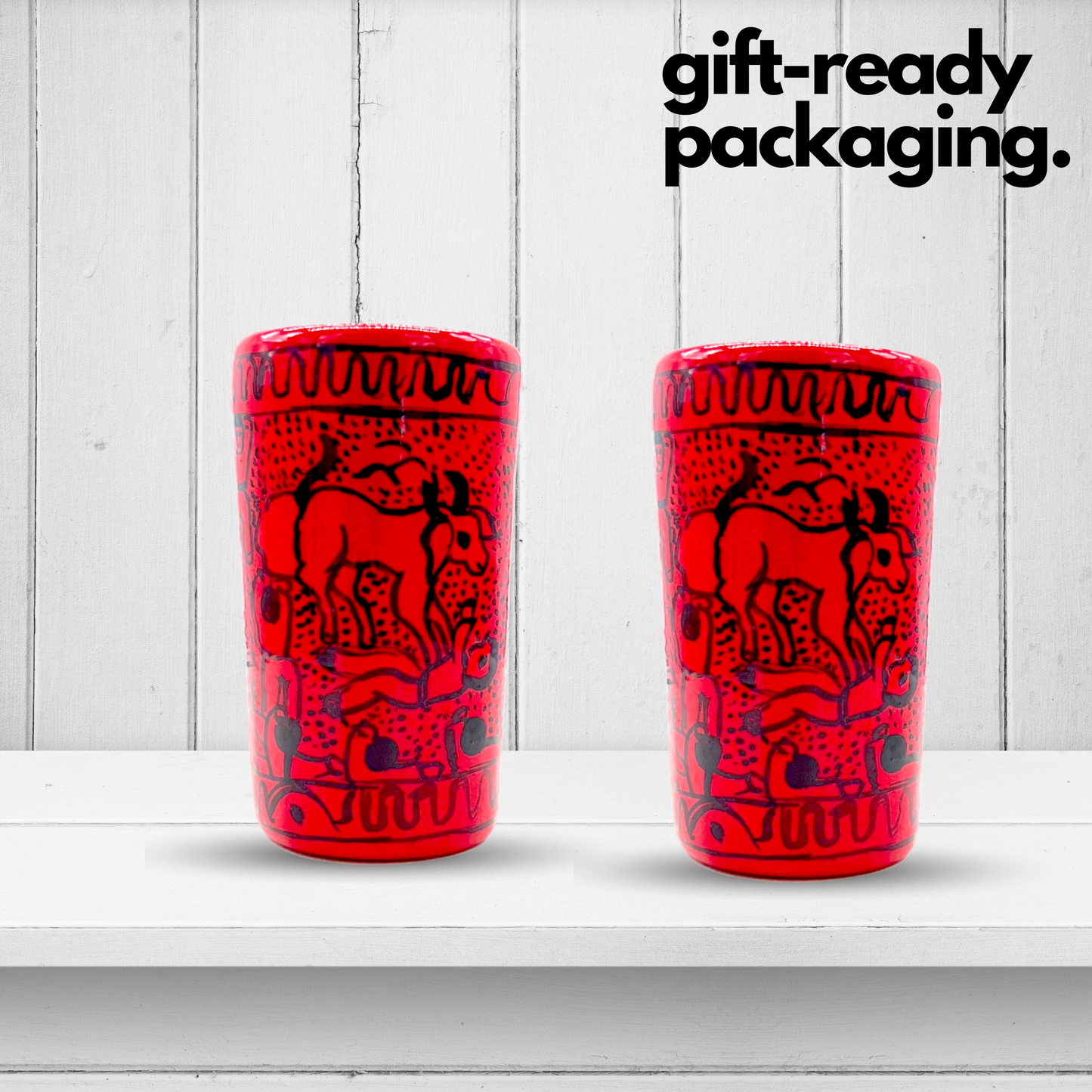 gift-ready packaging for red mexican shot glasses set of 2. handmade and handpainted in mexico